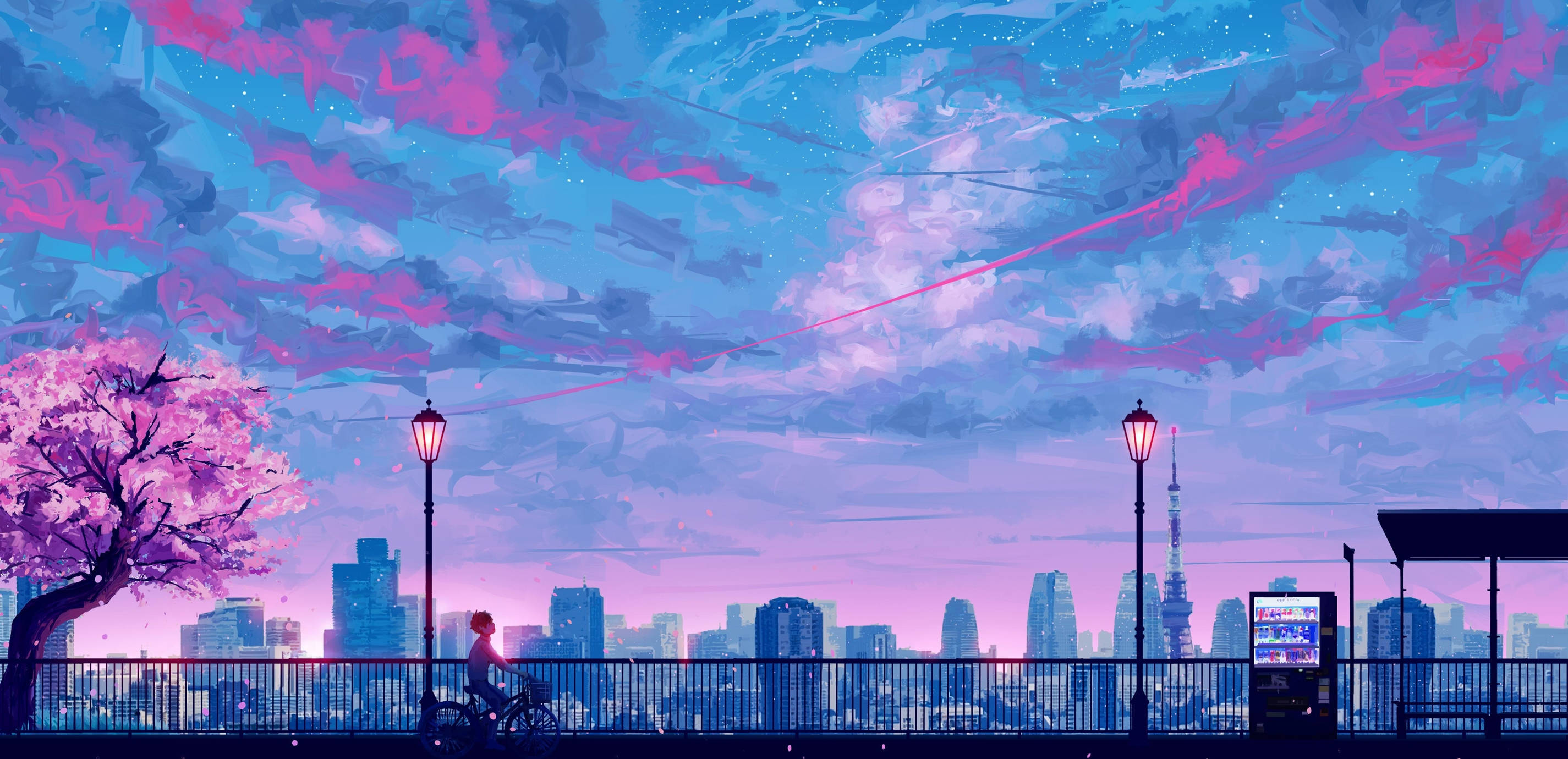 90s anime aesthetic, vibrant pink and blue sky, stars, 2K Desktop Wallpaper