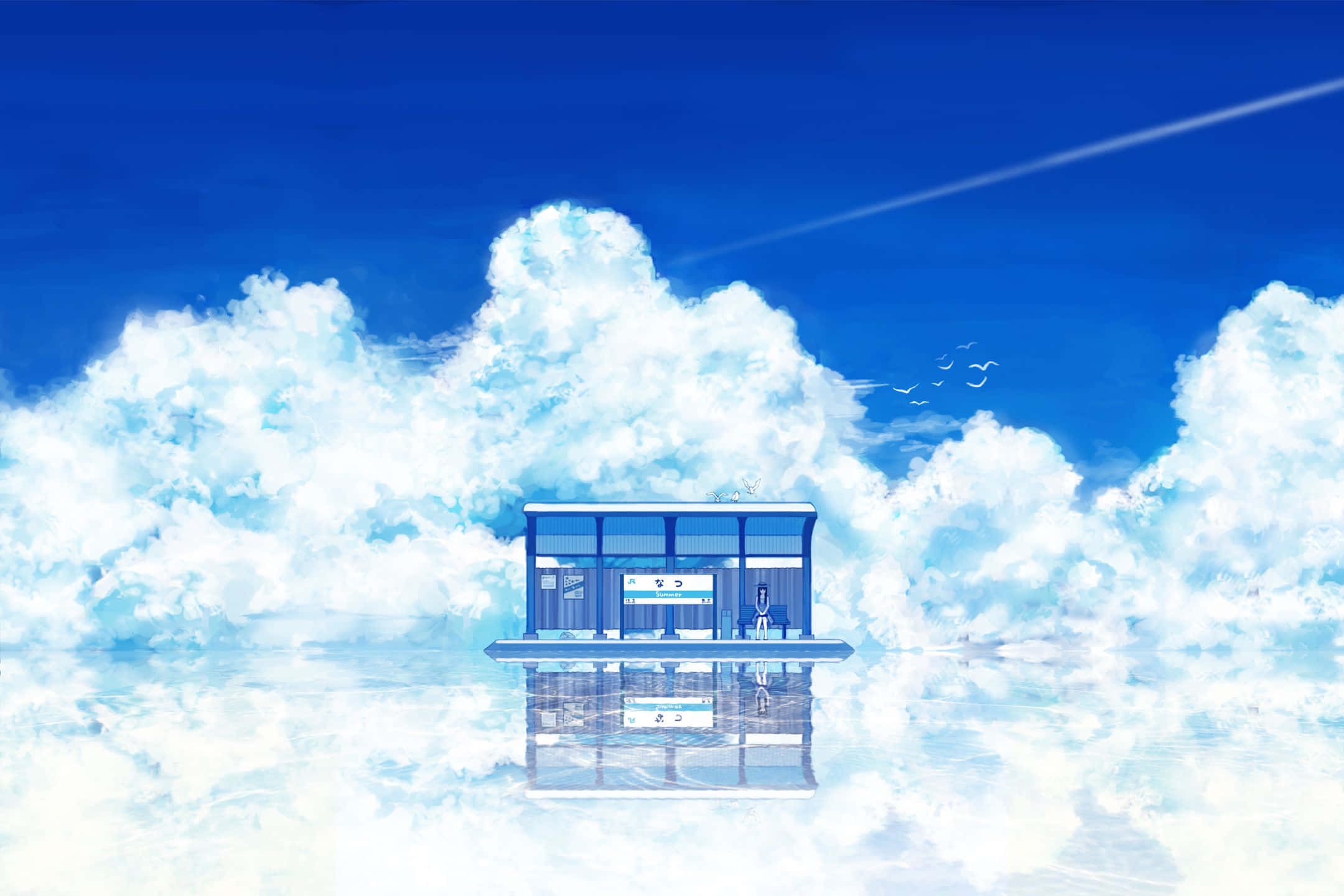 Anime Sky, blue station, reflective cloud sea, Full HD Desktop Wallpaper