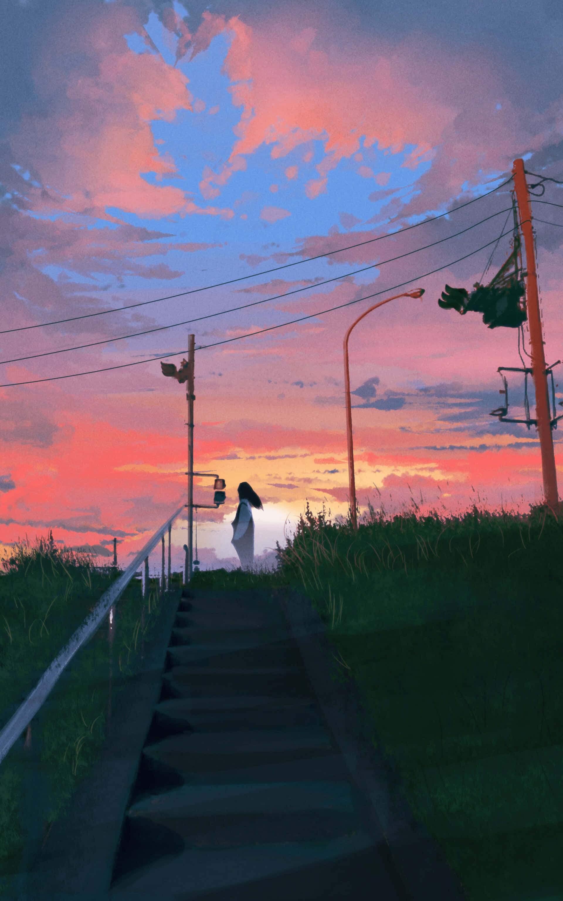 Anime Sunset, vibrant pink and orange sunset sky, stone steps, 2K Phone Wallpaper
