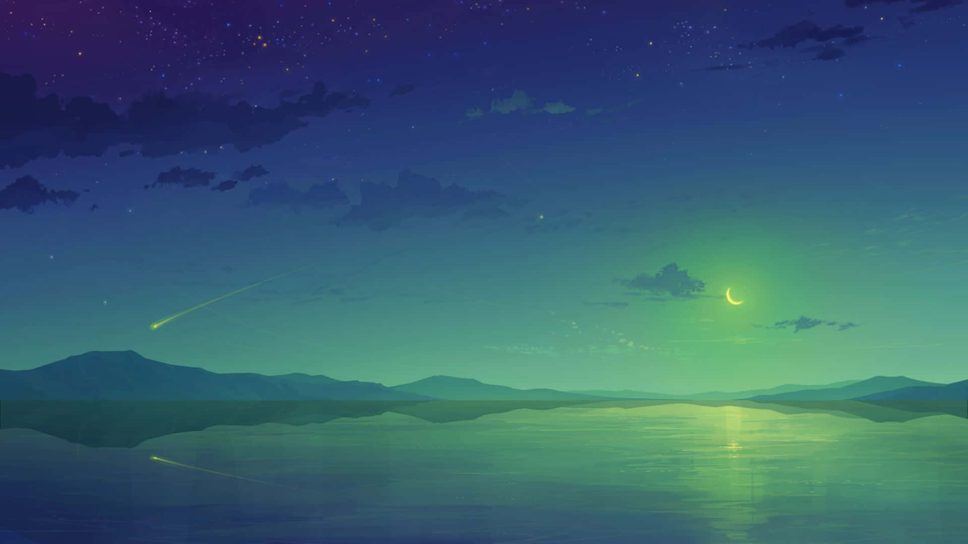 Anime Sky, Green Anime Sky, glowing crescent moon, Full HD Desktop Wallpaper
