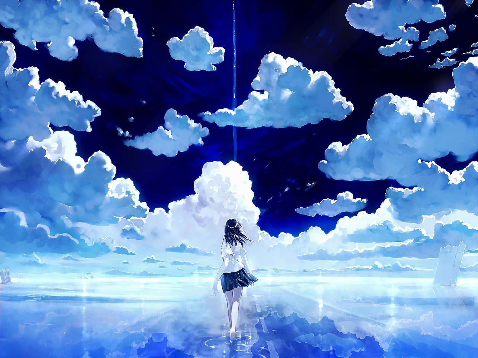 anime sky, anime girl, reflective blue sea, HD Desktop Wallpaper