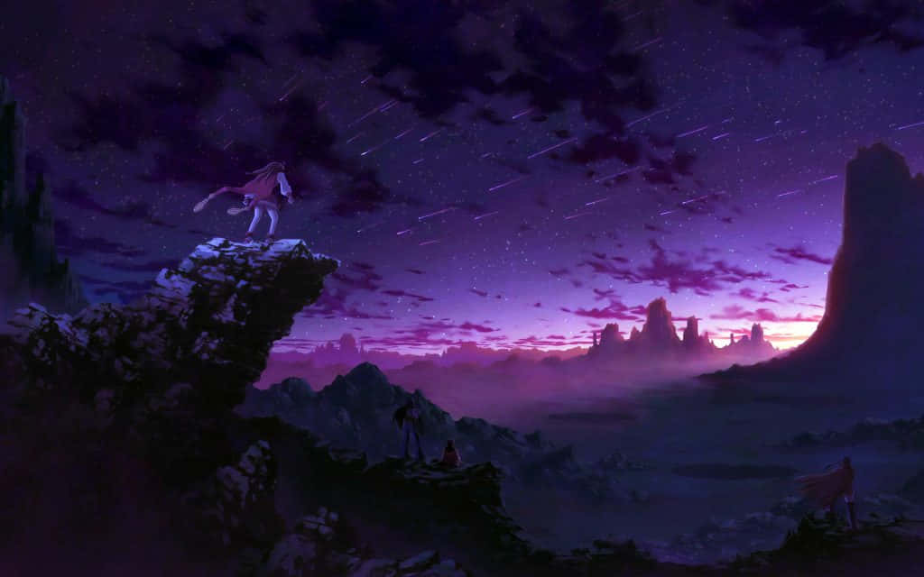 vibrant purple twilight sky, shooting stars, misty alien canyon, SD Desktop Wallpaper