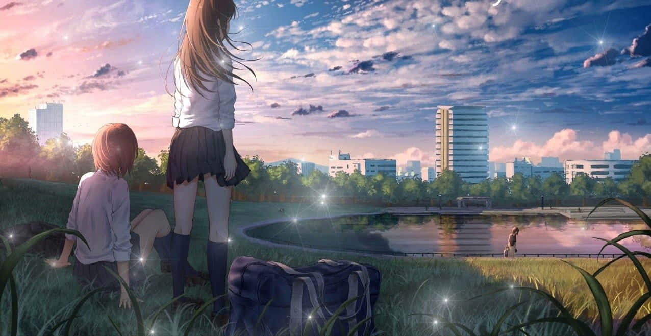 anime girls, glowing pond, twilight, SD Desktop Wallpaper