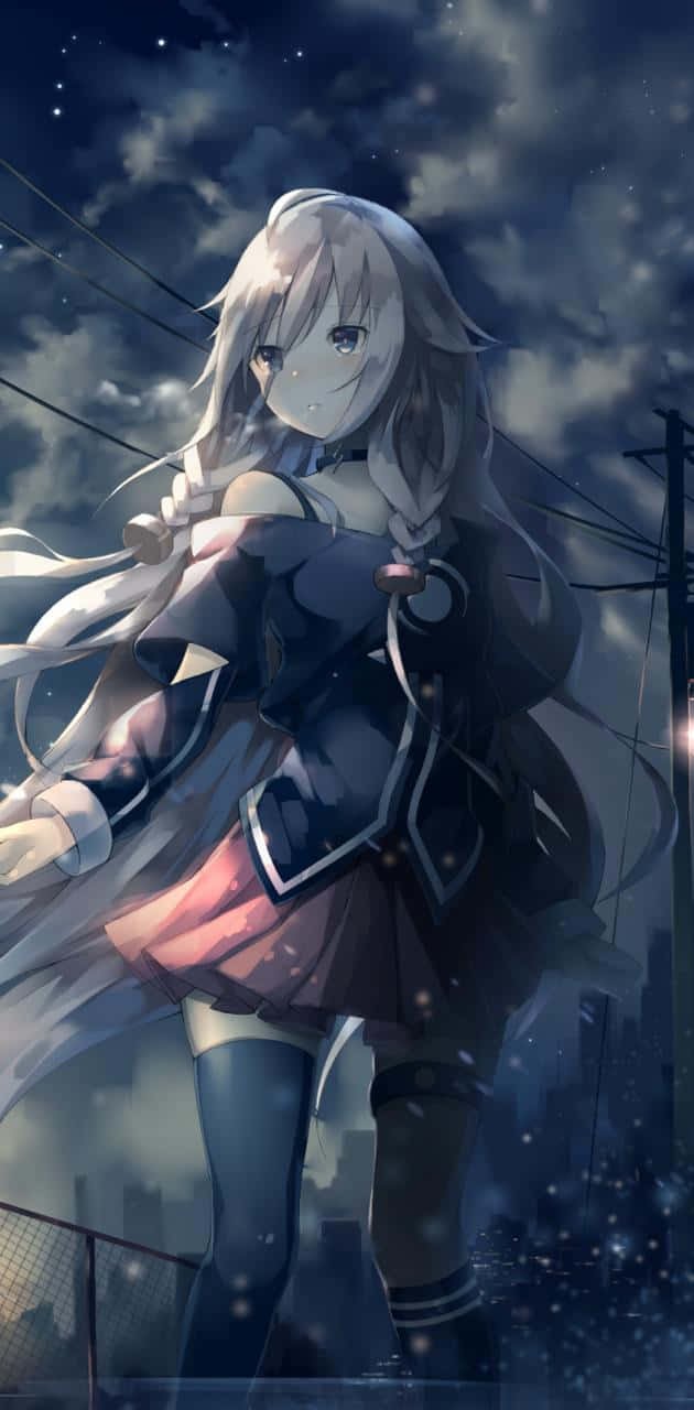 silver-haired anime girl, dark outfit, starry night sky, HD Phone Wallpaper