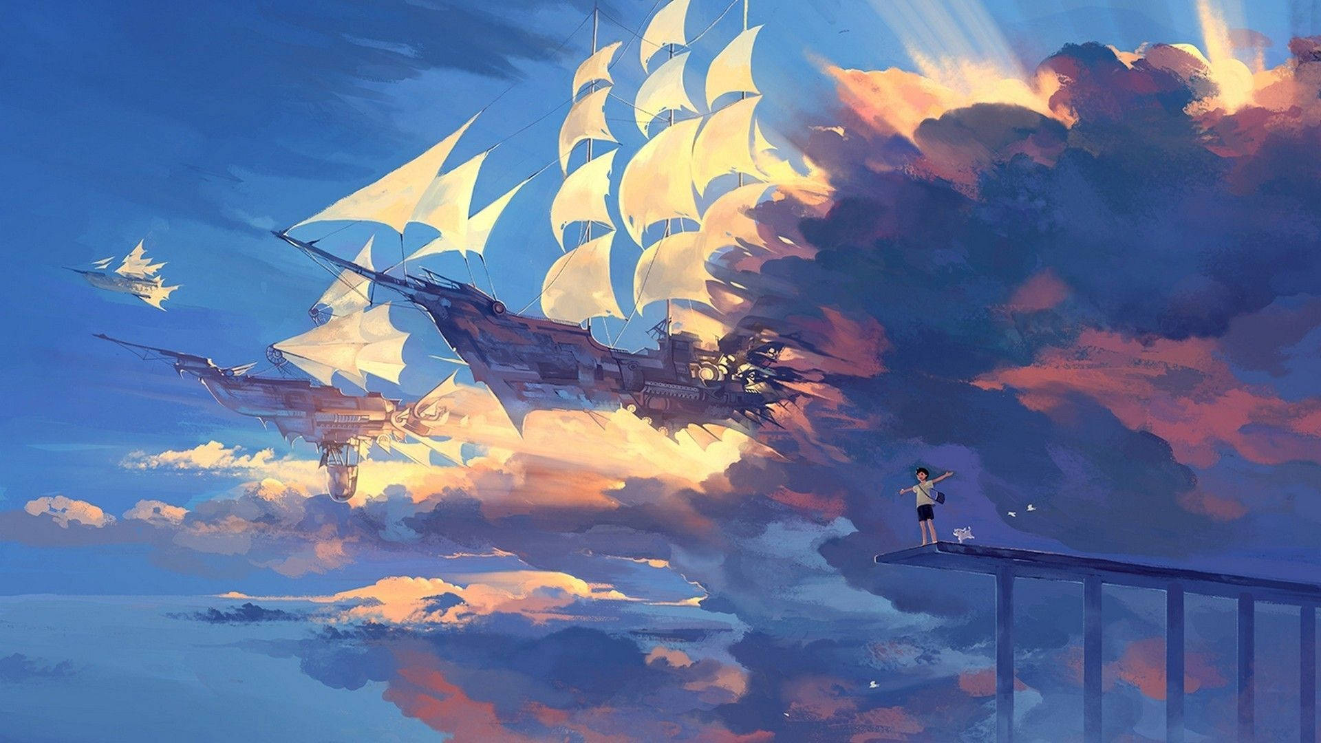 sky bridge, airships, vibrant sunset sky, Full HD Desktop Wallpaper