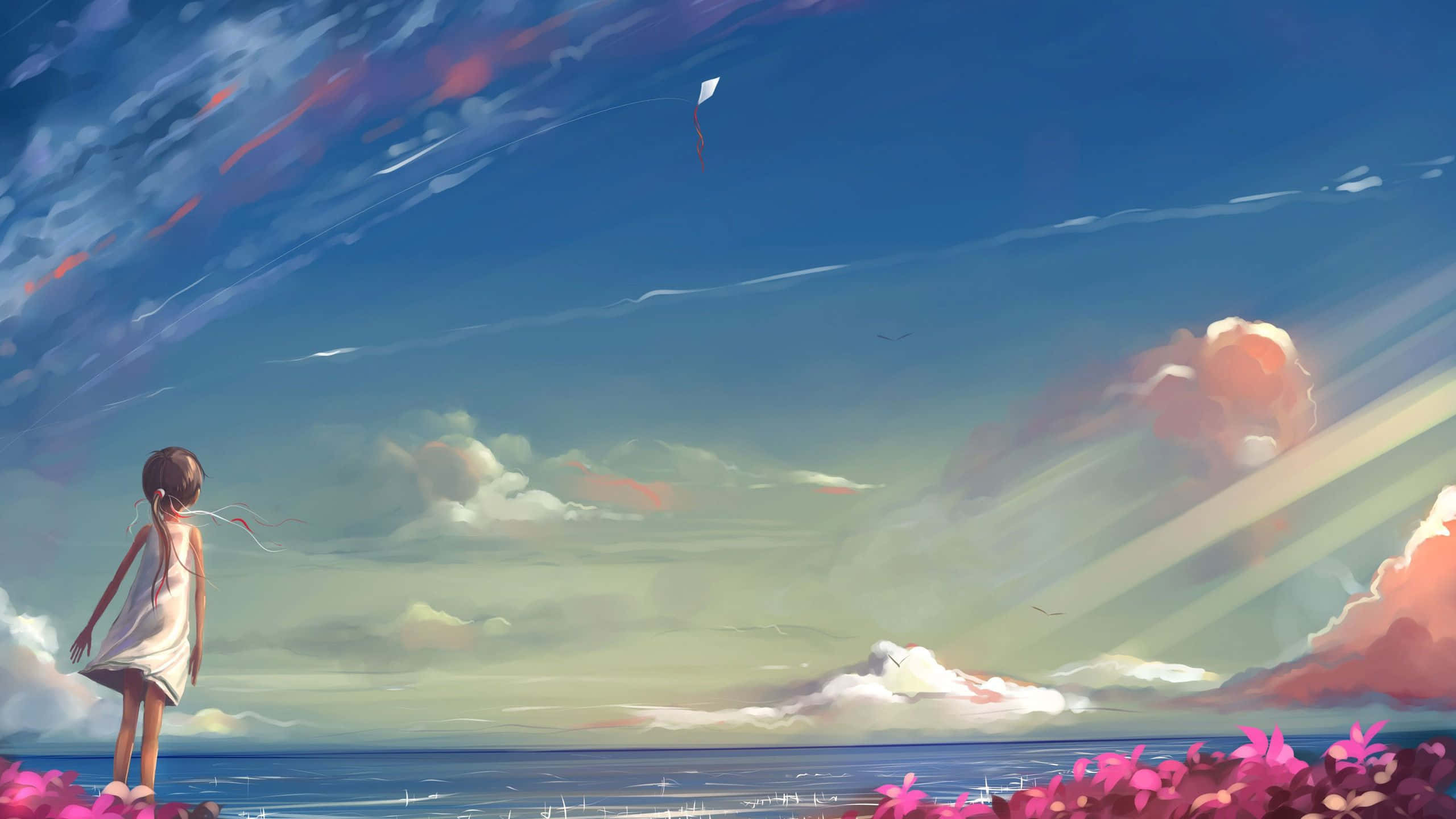 Anime Sky, girl, white dress, 2K Desktop Wallpaper