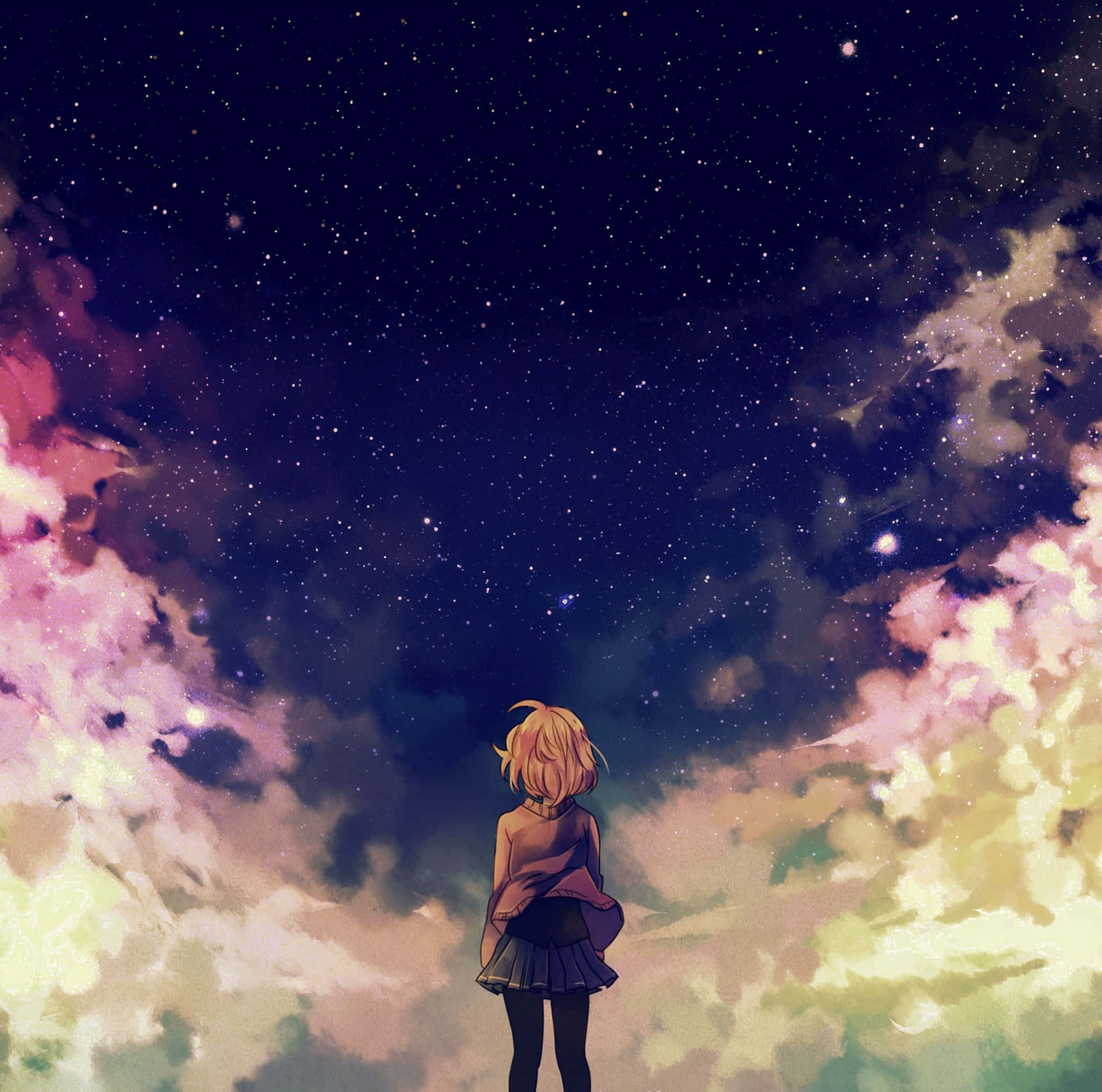 anime girl, blonde hair, starry night sky, Full HD Desktop Wallpaper