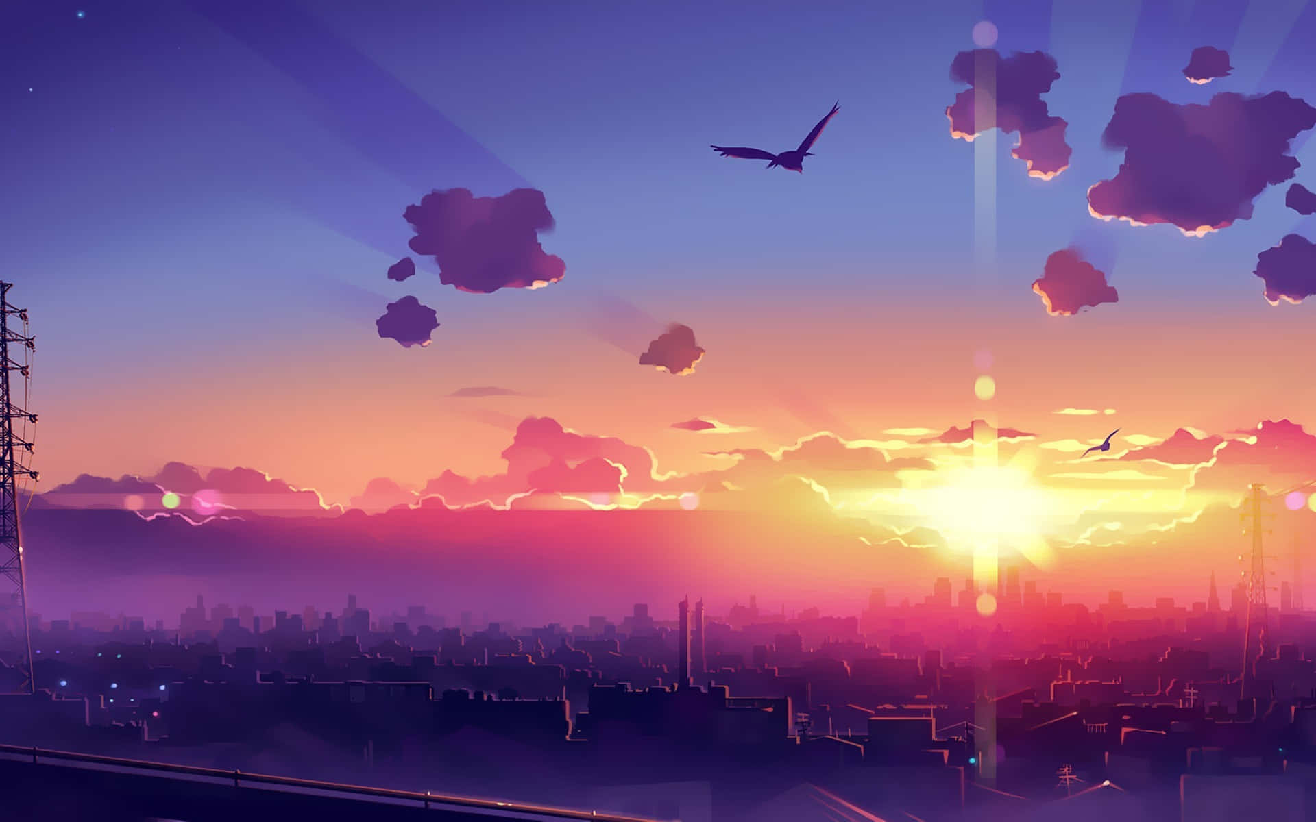 Anime Sky, sunset, city skyline, Full HD Desktop Wallpaper