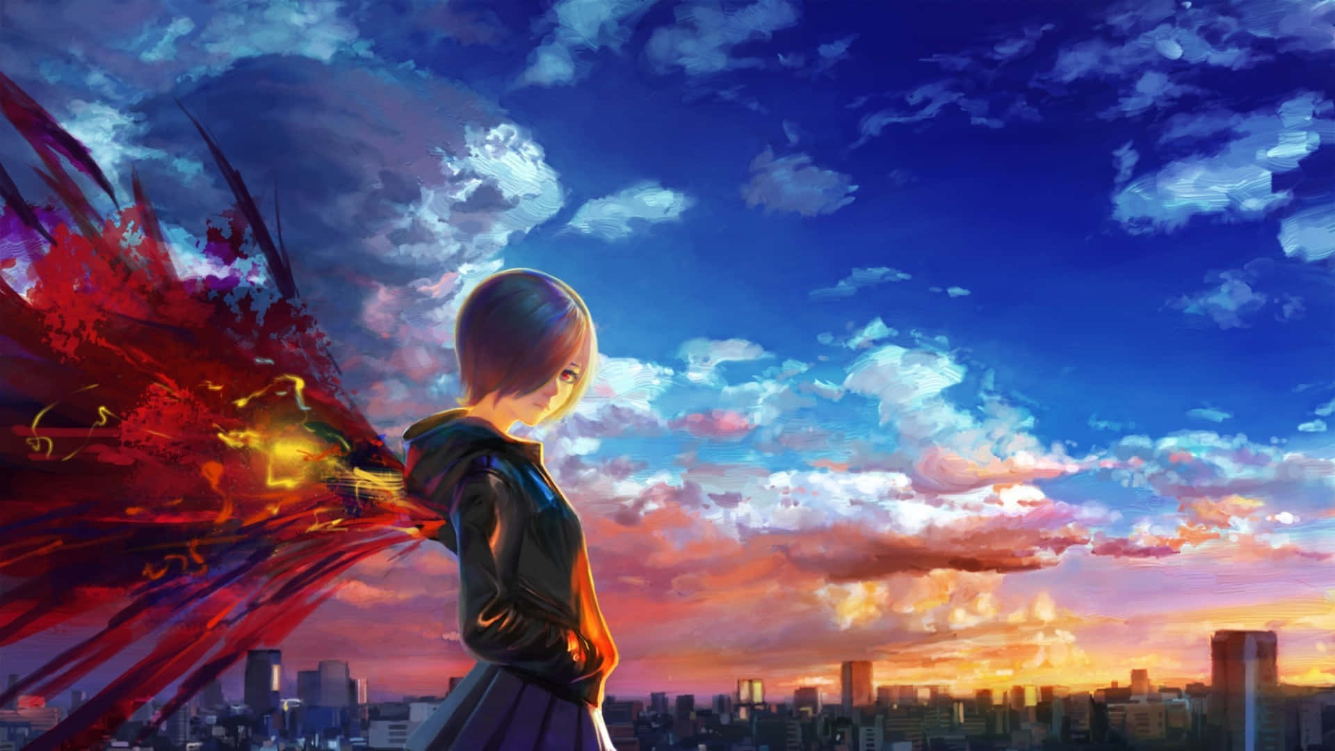 anime girl, glowing red wings, cityscape, Full HD Desktop Wallpaper