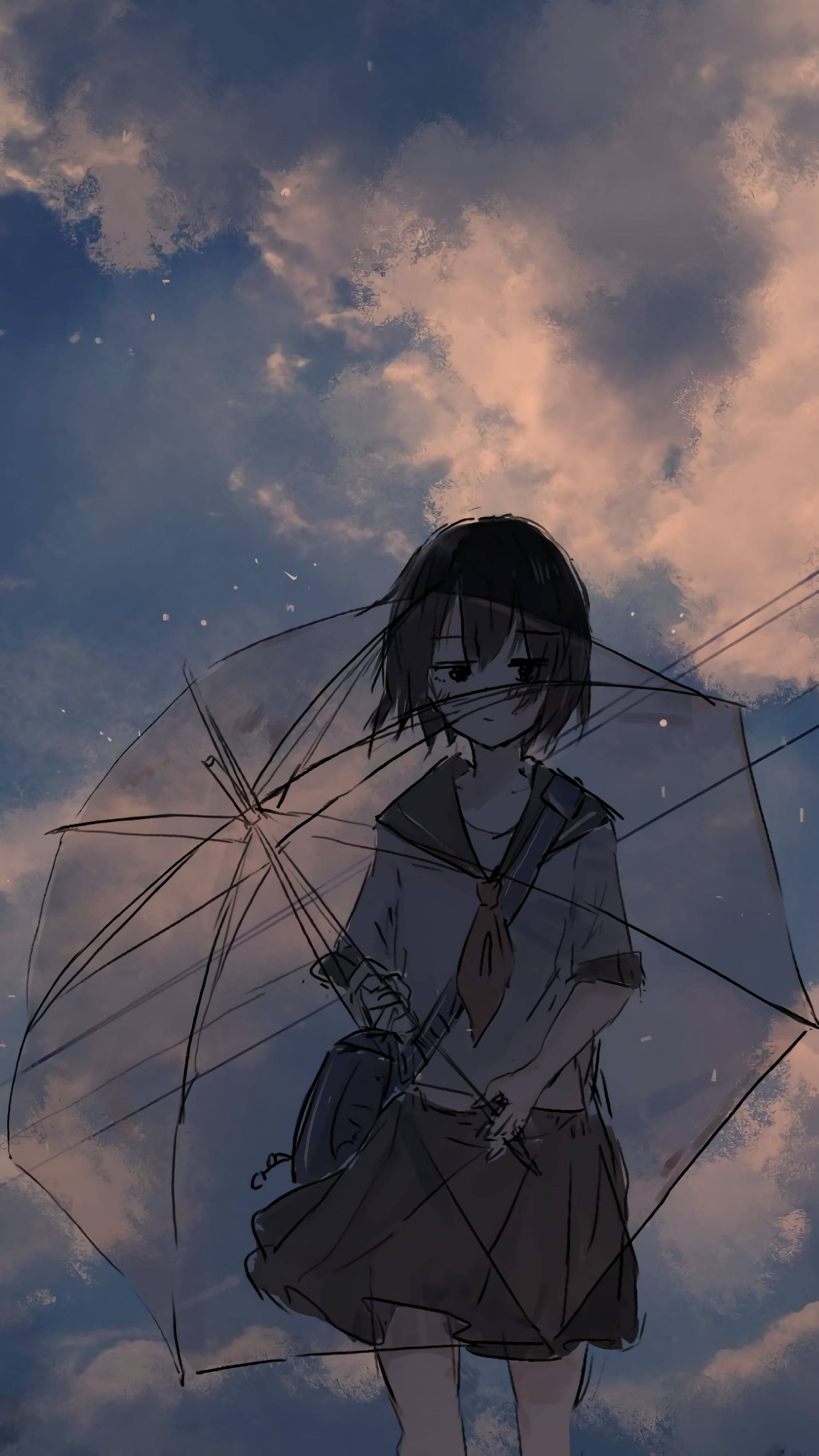 anime girl, school uniform, transparent umbrella, 4K Phone Wallpaper