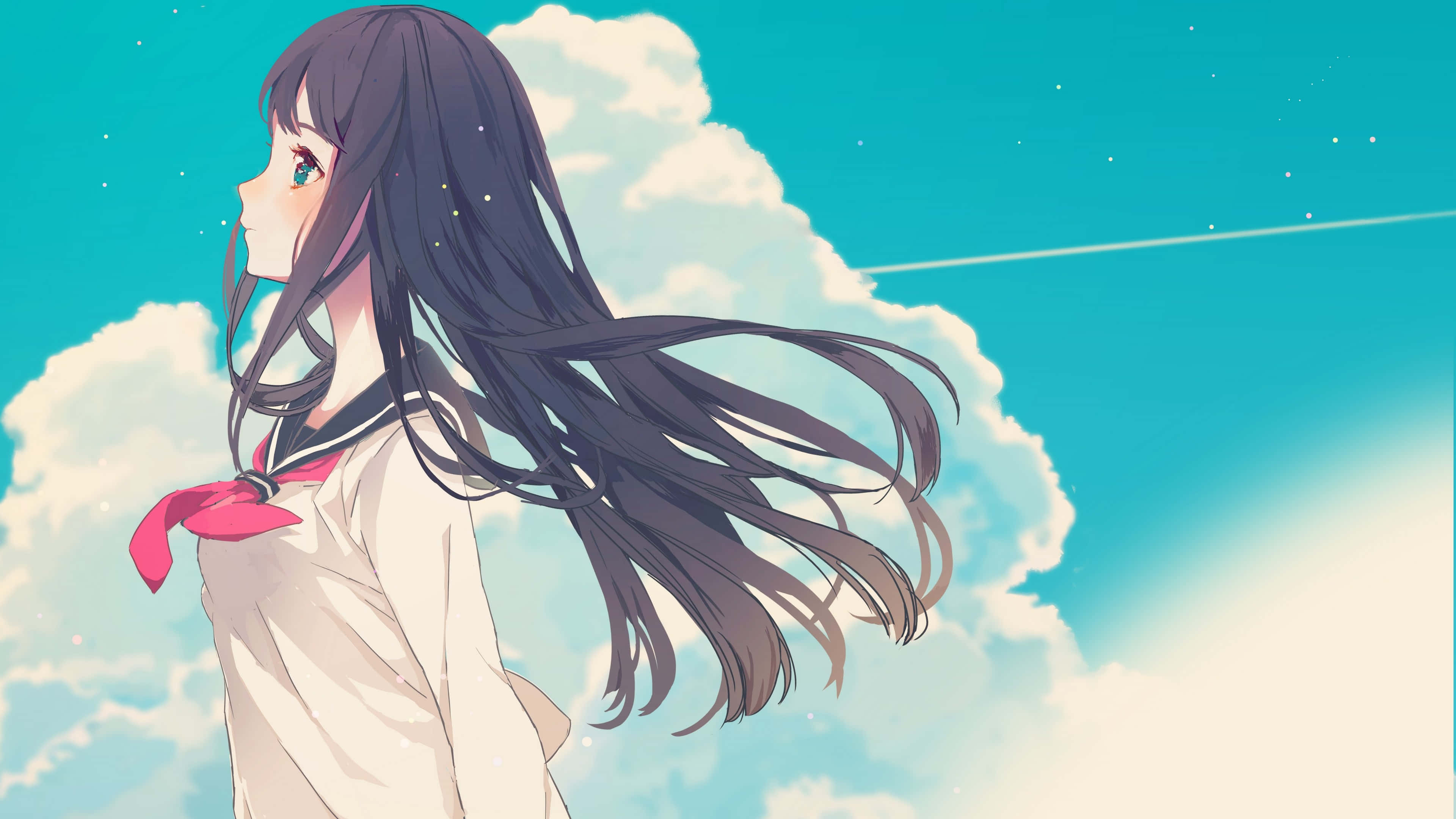 blushing anime girl, long dark hair, pink ribbon, 4K Desktop Wallpaper