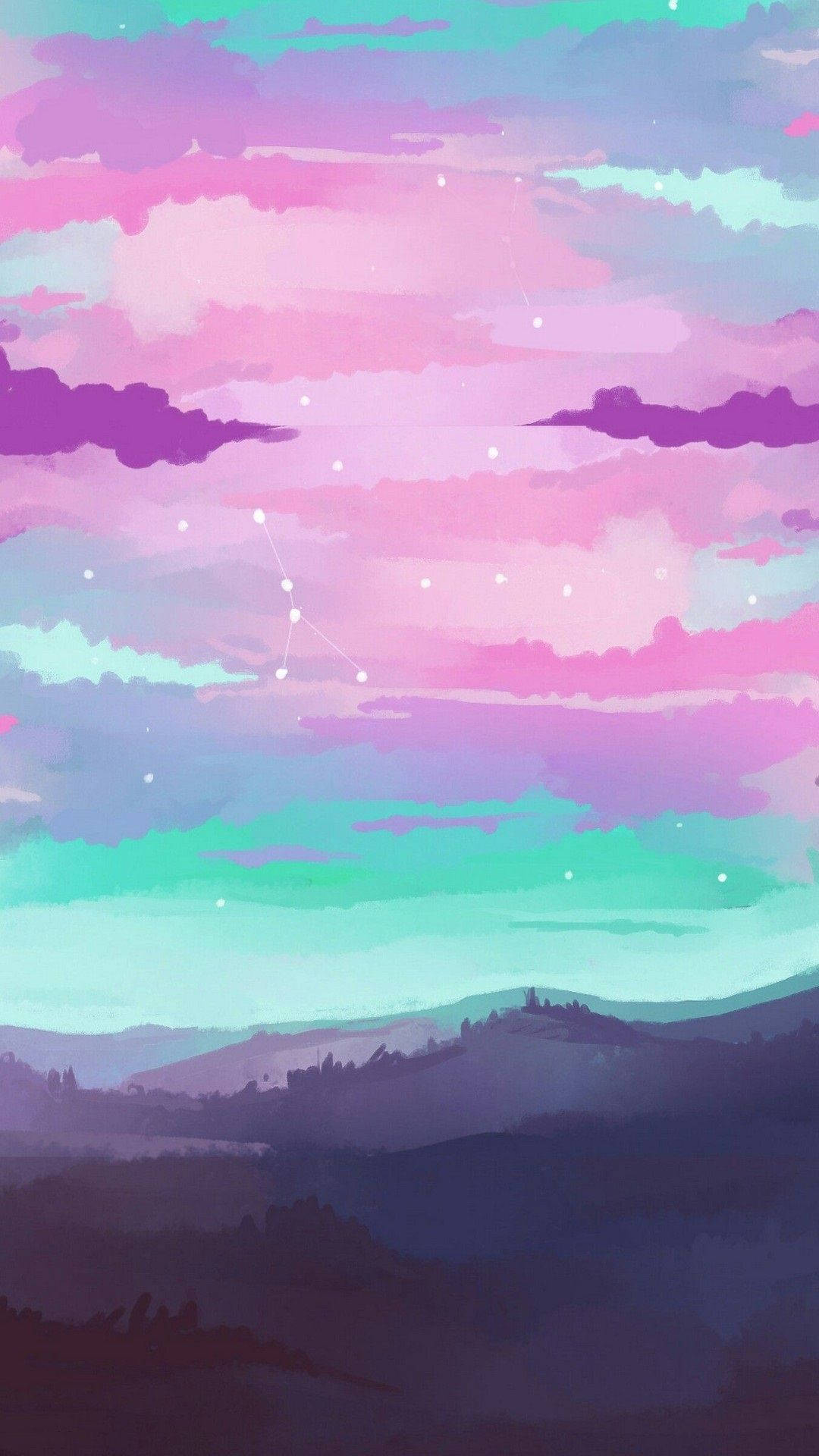 Anime Sky, pink purple and teal clouds, stars, Full HD Phone Wallpaper