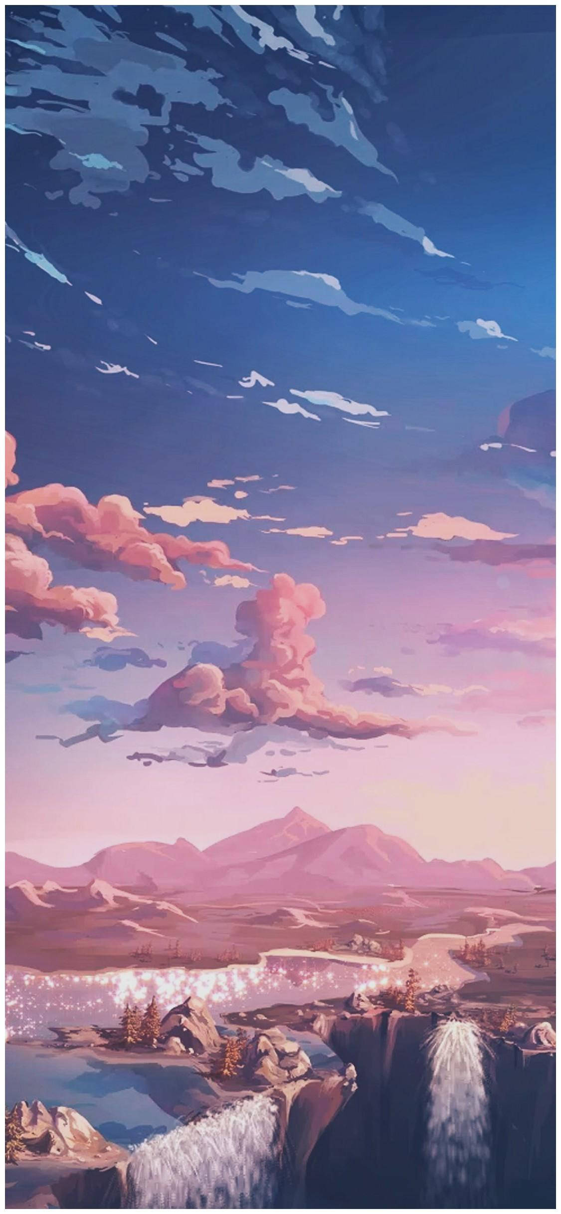 Aesthetic Pink Anime Waterfall Graphic, pink clouds, glowing waterfalls, Full HD Phone Wallpaper