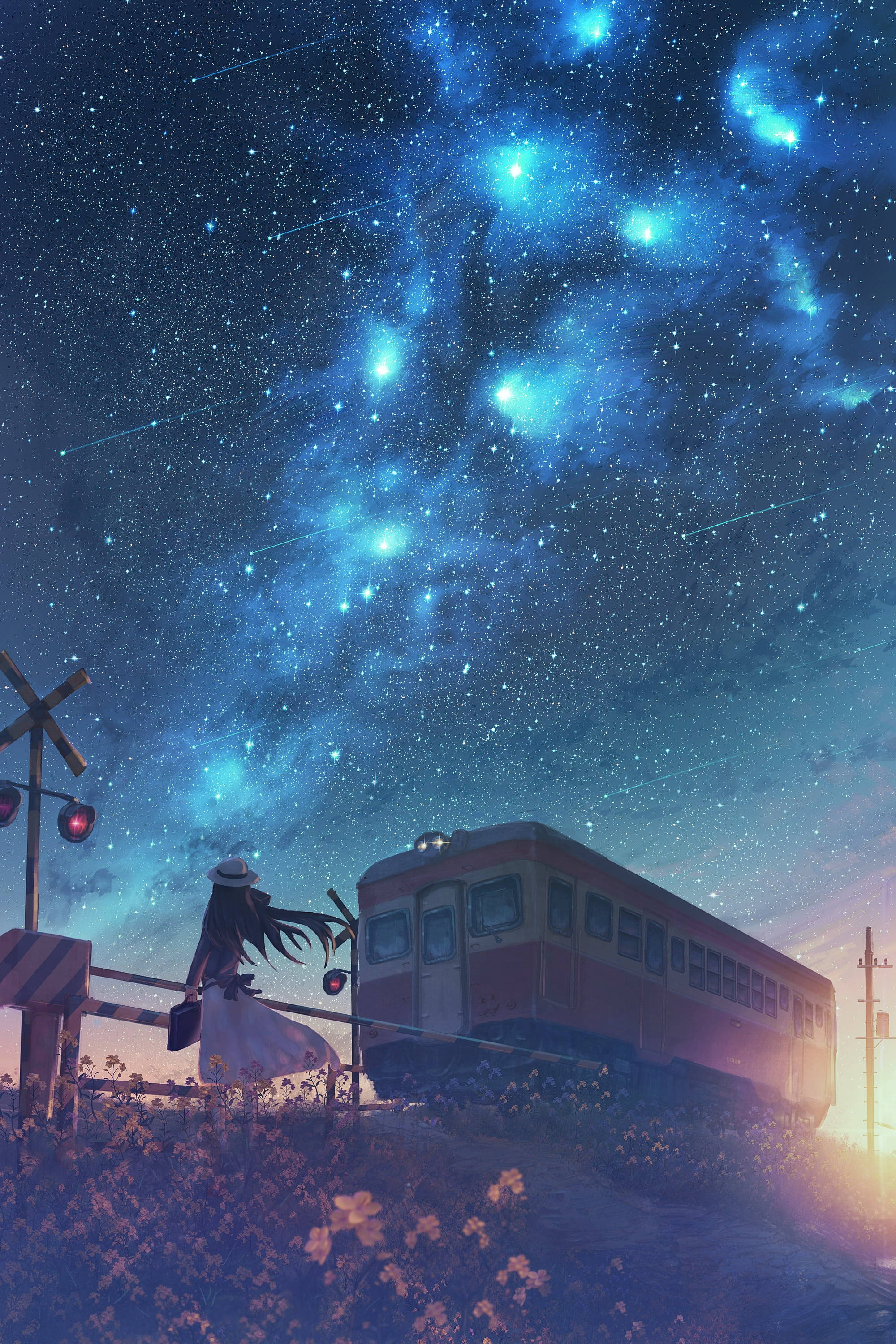 Anime Starry Sky, white dress, stopped train, 2K Phone Wallpaper