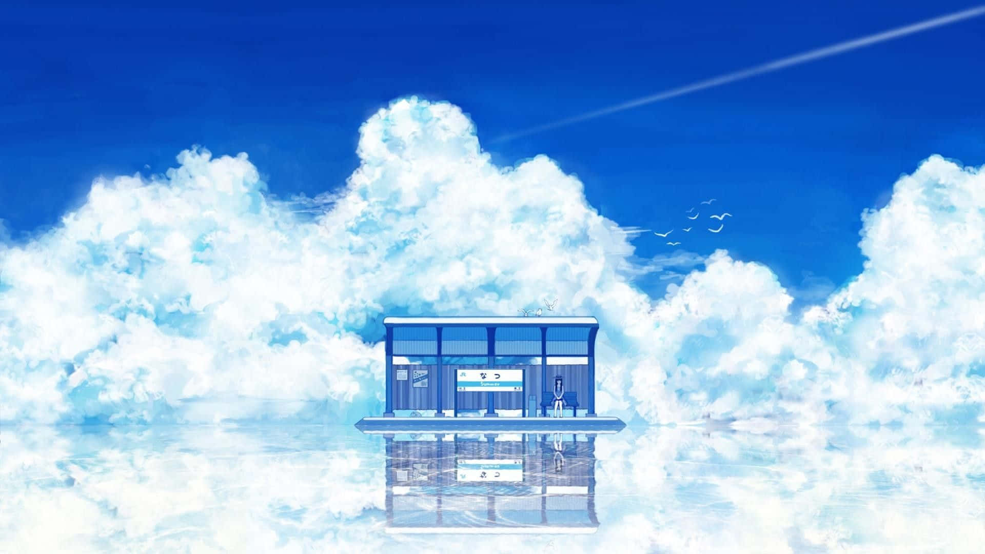 blue anime scenic sky, fluffy white clouds, clear sky, Full HD Desktop Wallpaper