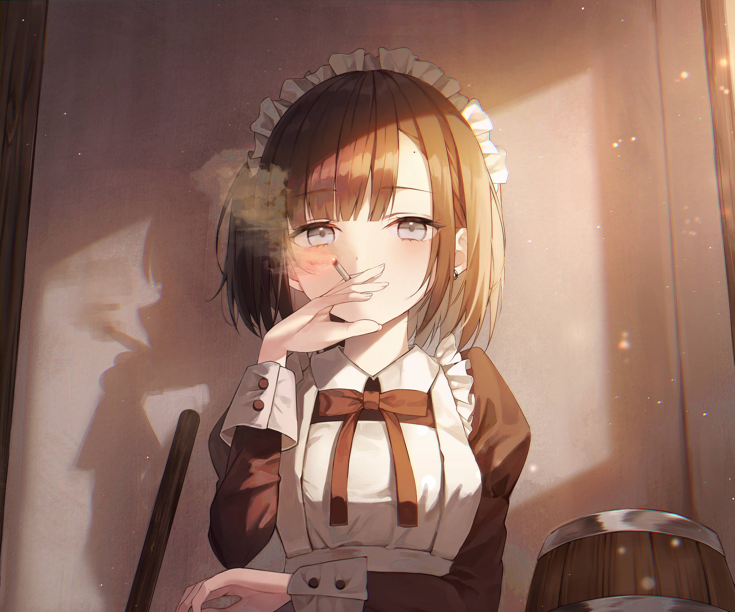 anime girl, maid outfit, cigarette, 2K Desktop Wallpaper