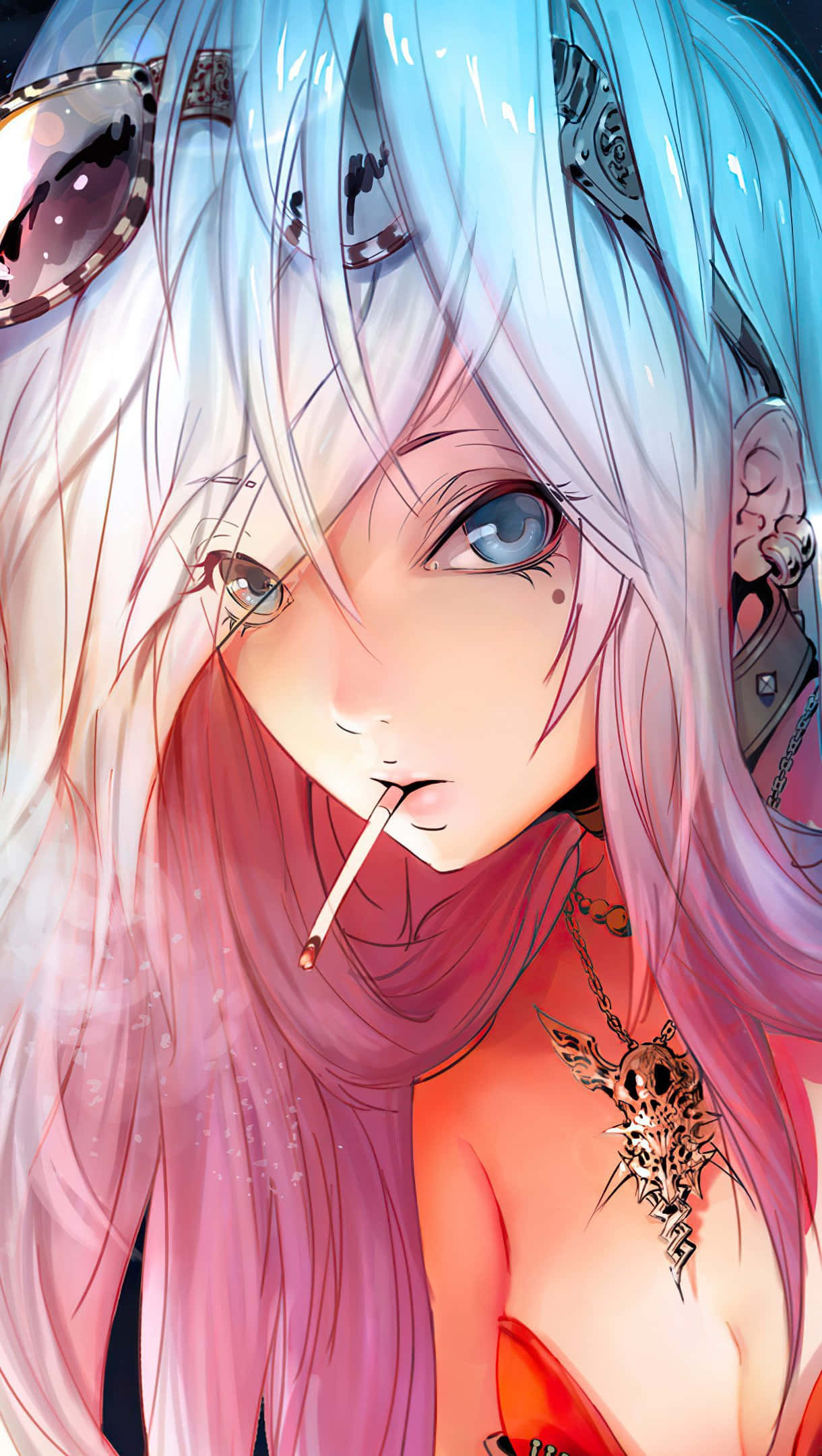 anime girl, blue and pink hair, cigarette, Full HD Phone Wallpaper