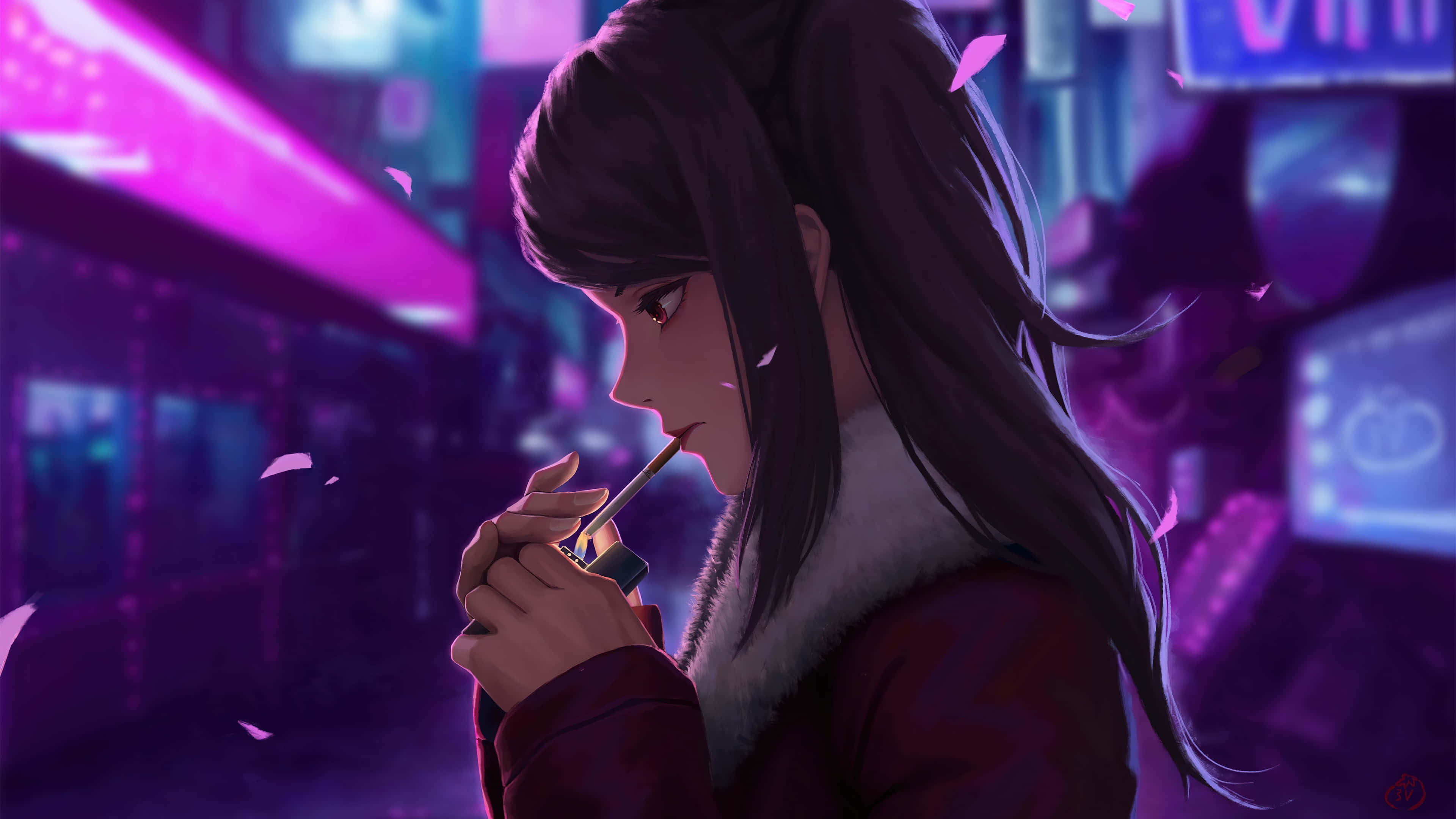 anime girl, dark hair, cigarette, 4K Desktop Wallpaper
