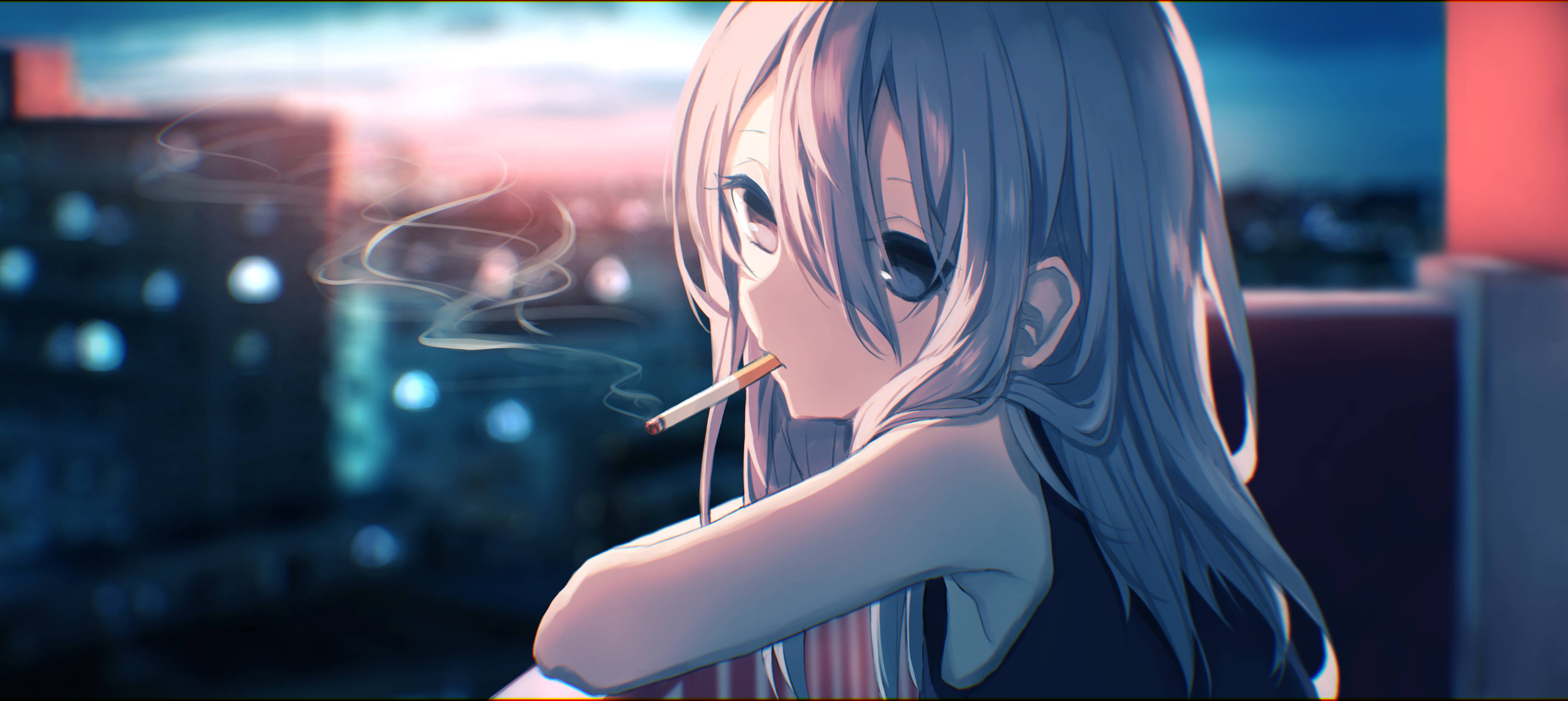 blue haired anime girl, silver hair, smoking, 4K Desktop Wallpaper