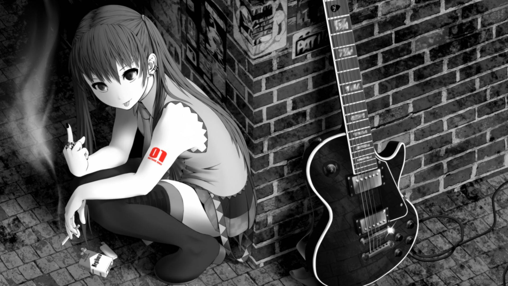 anime girl, guitar, brick wall, Full HD Desktop Wallpaper
