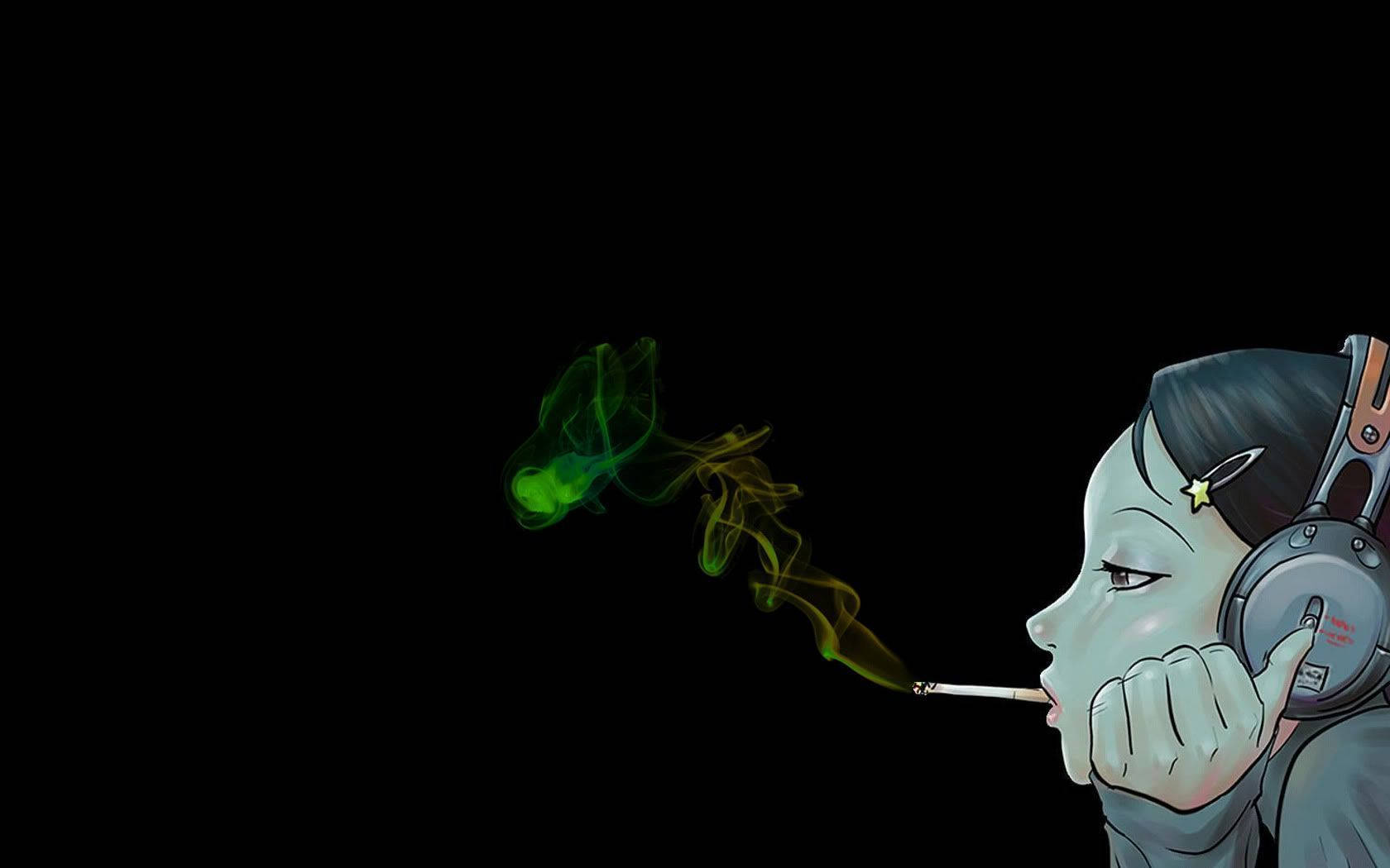 anime girl, headphones, cigarette, HD Desktop Wallpaper