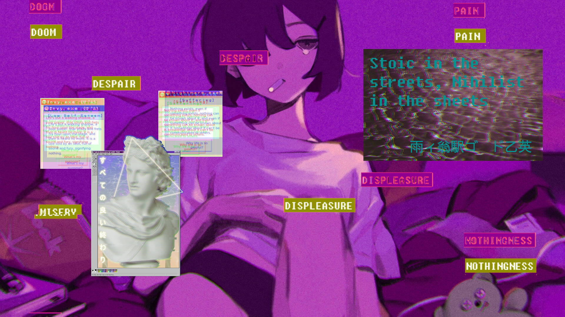 anime girl, purple hair, smoking, Full HD Desktop Wallpaper