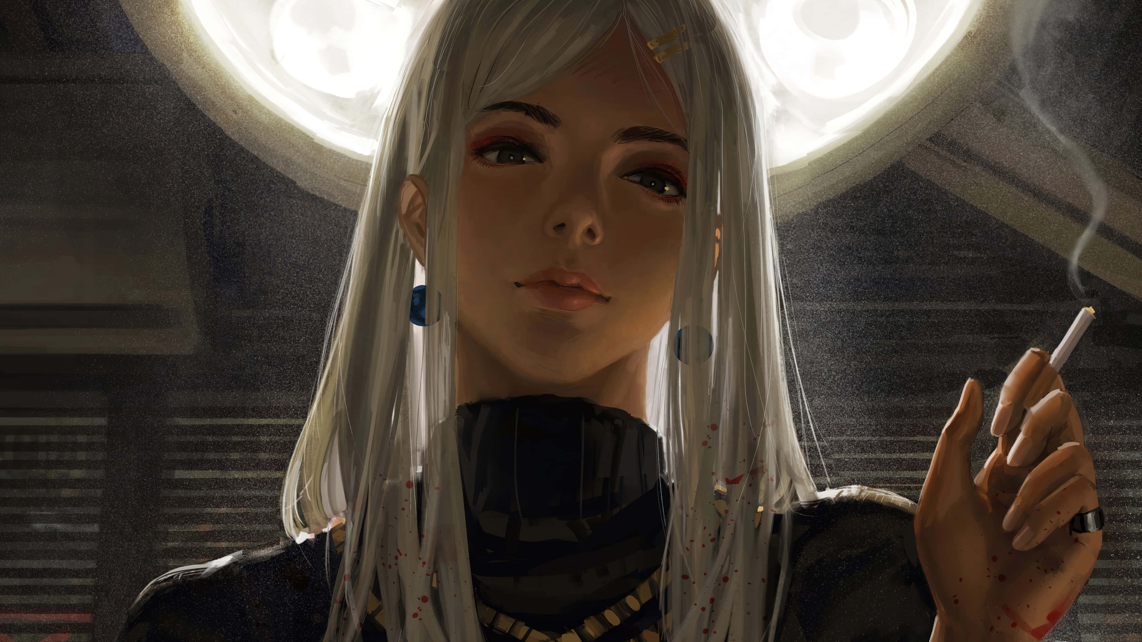 white haired anime girl, silver hair, smoking, 4K Desktop Wallpaper