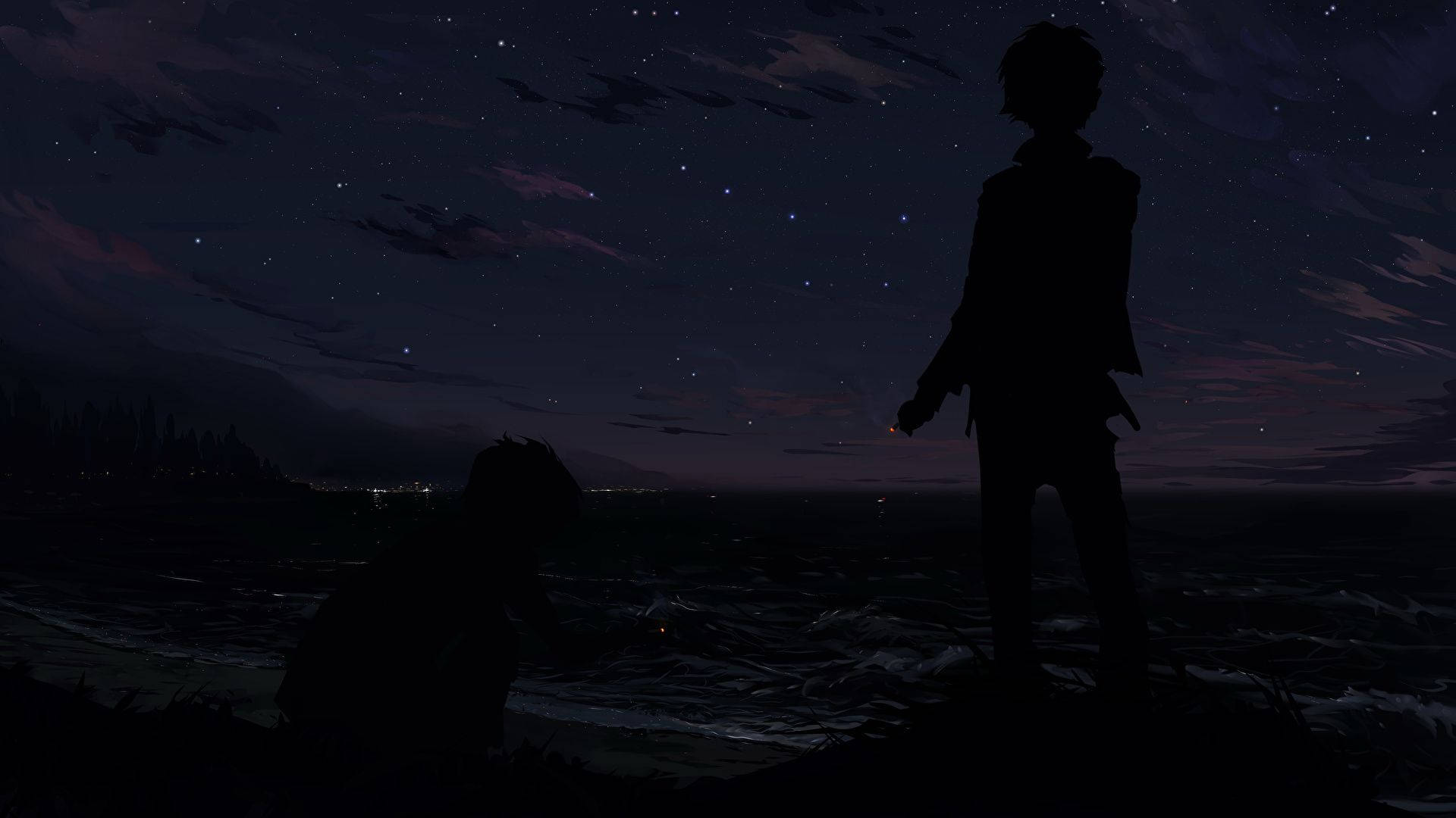 Men Smoking Anime Night Sky, cliff, starry sky, Full HD Desktop Wallpaper