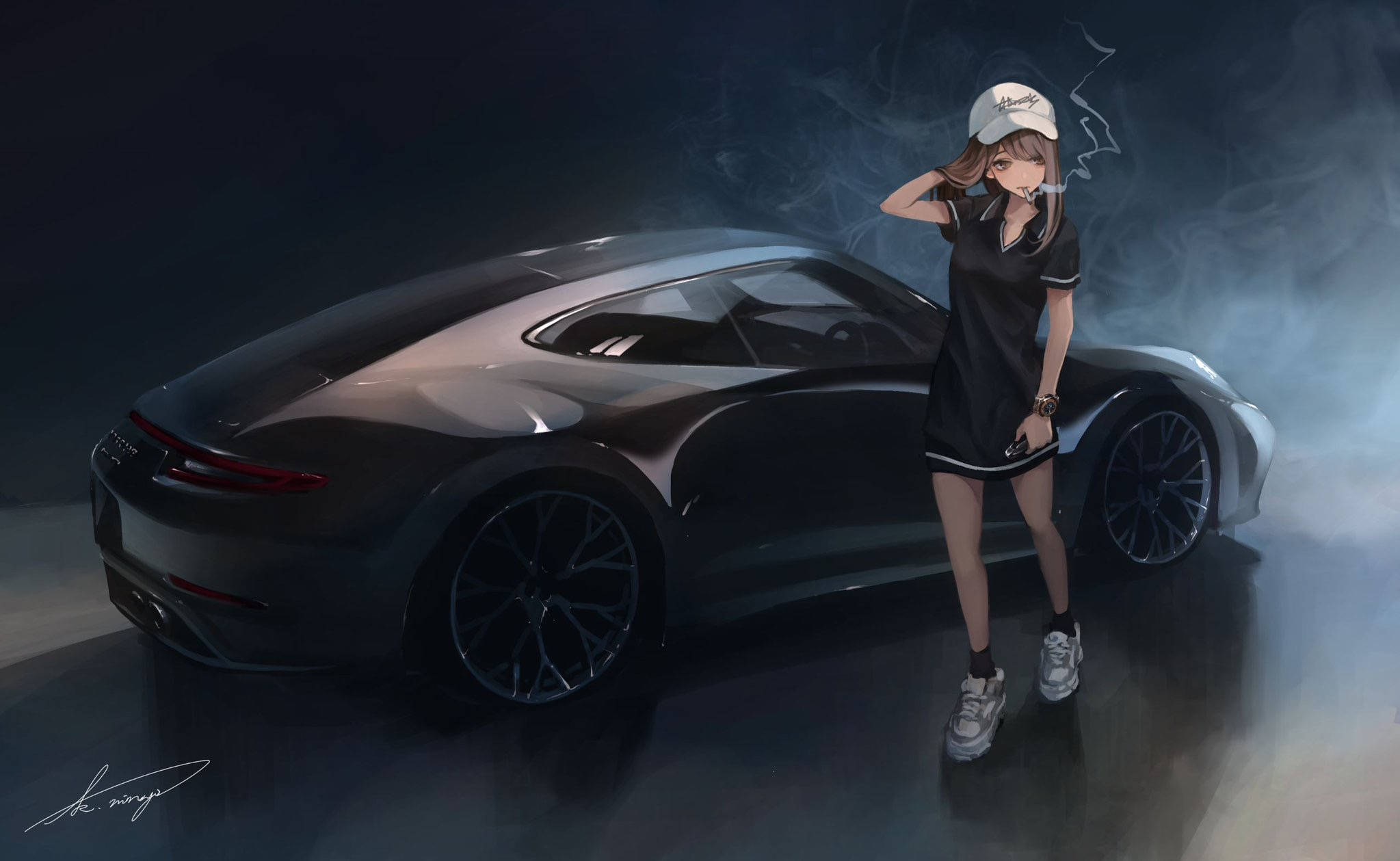 anime girl, black outfit, dark gray sports car, Full HD Desktop Wallpaper