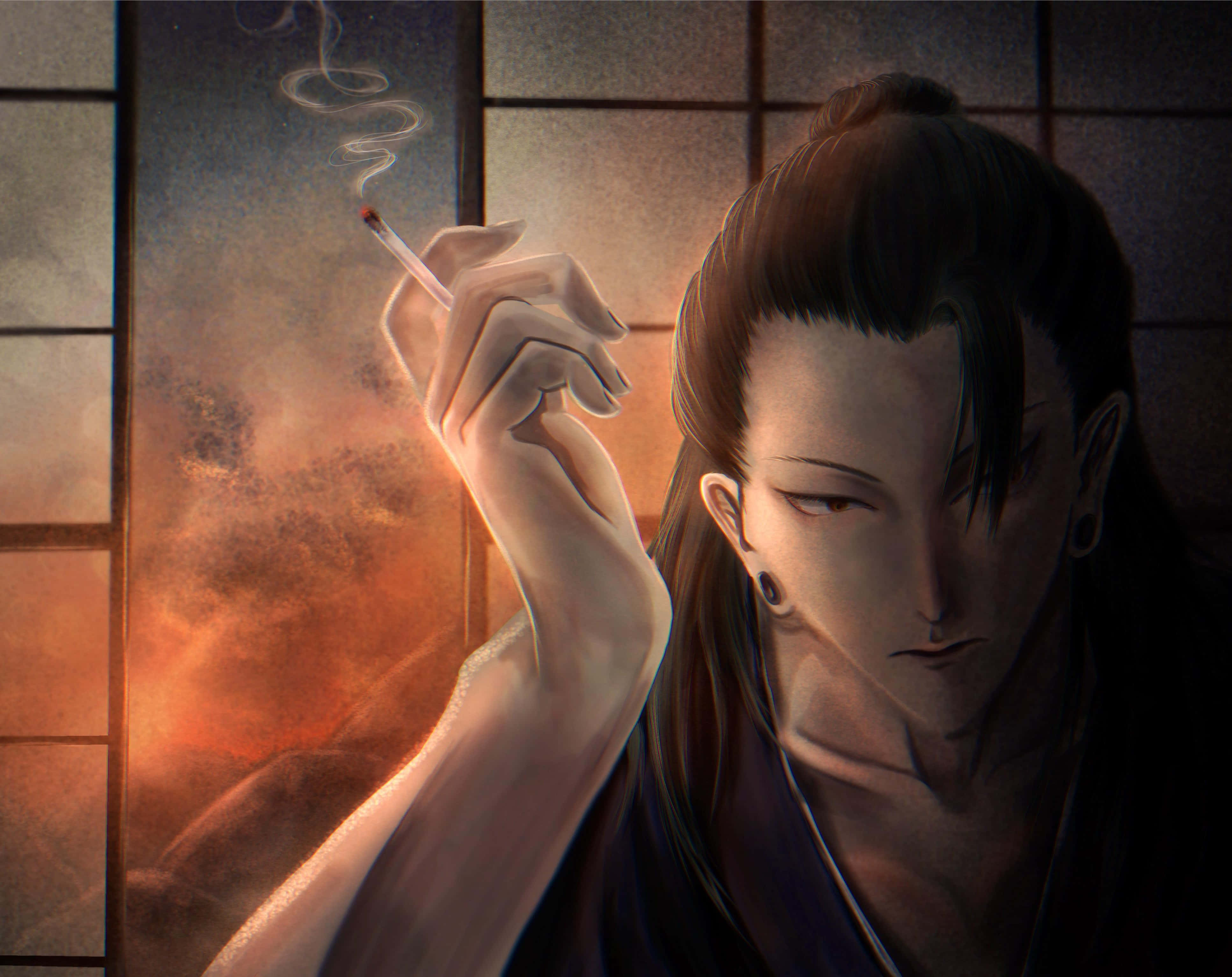 brooding anime character, dark hair, cigarette, 4K Desktop Wallpaper