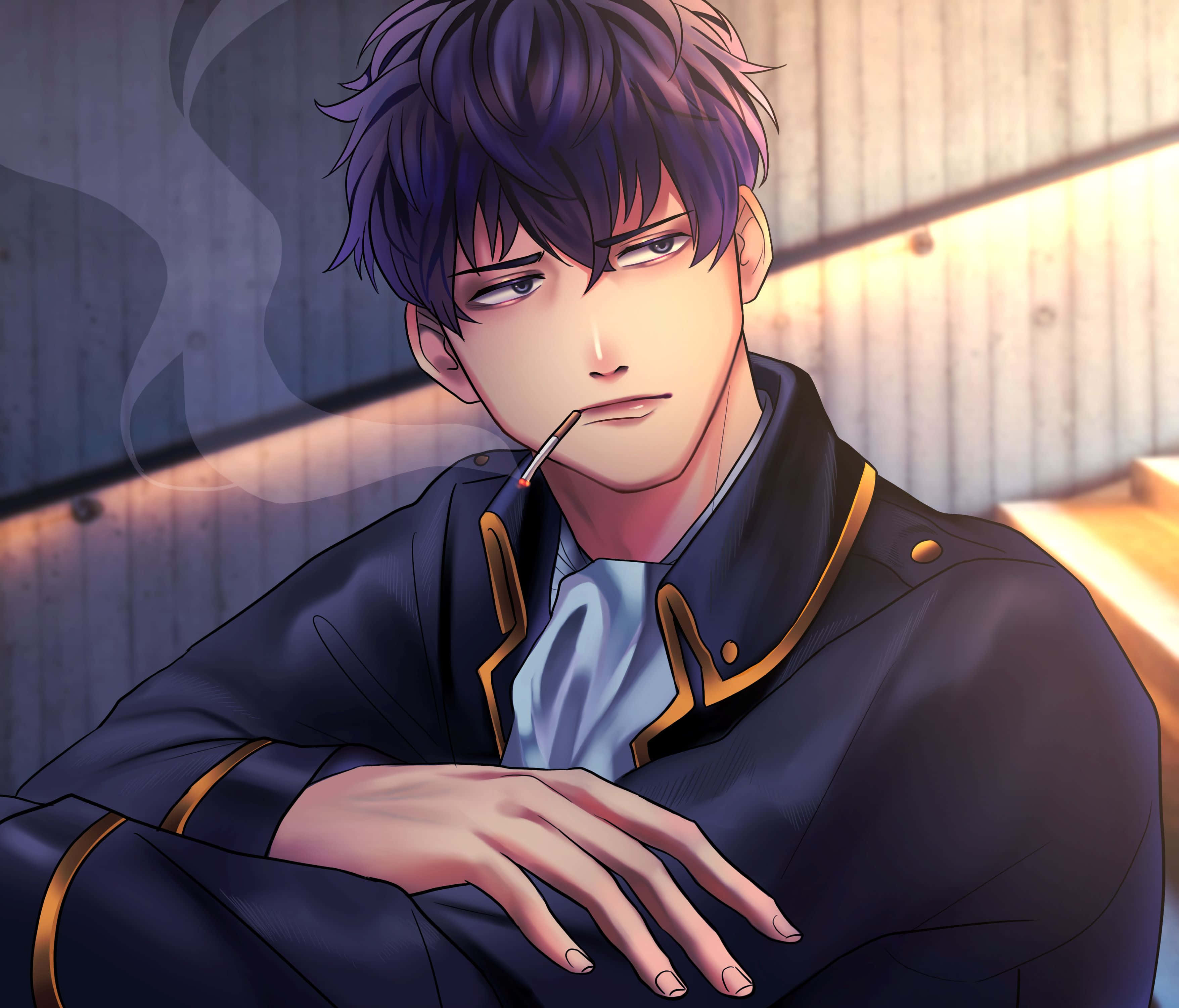 spiky purple hair, cigarette, wooden wall, 2K Desktop Wallpaper