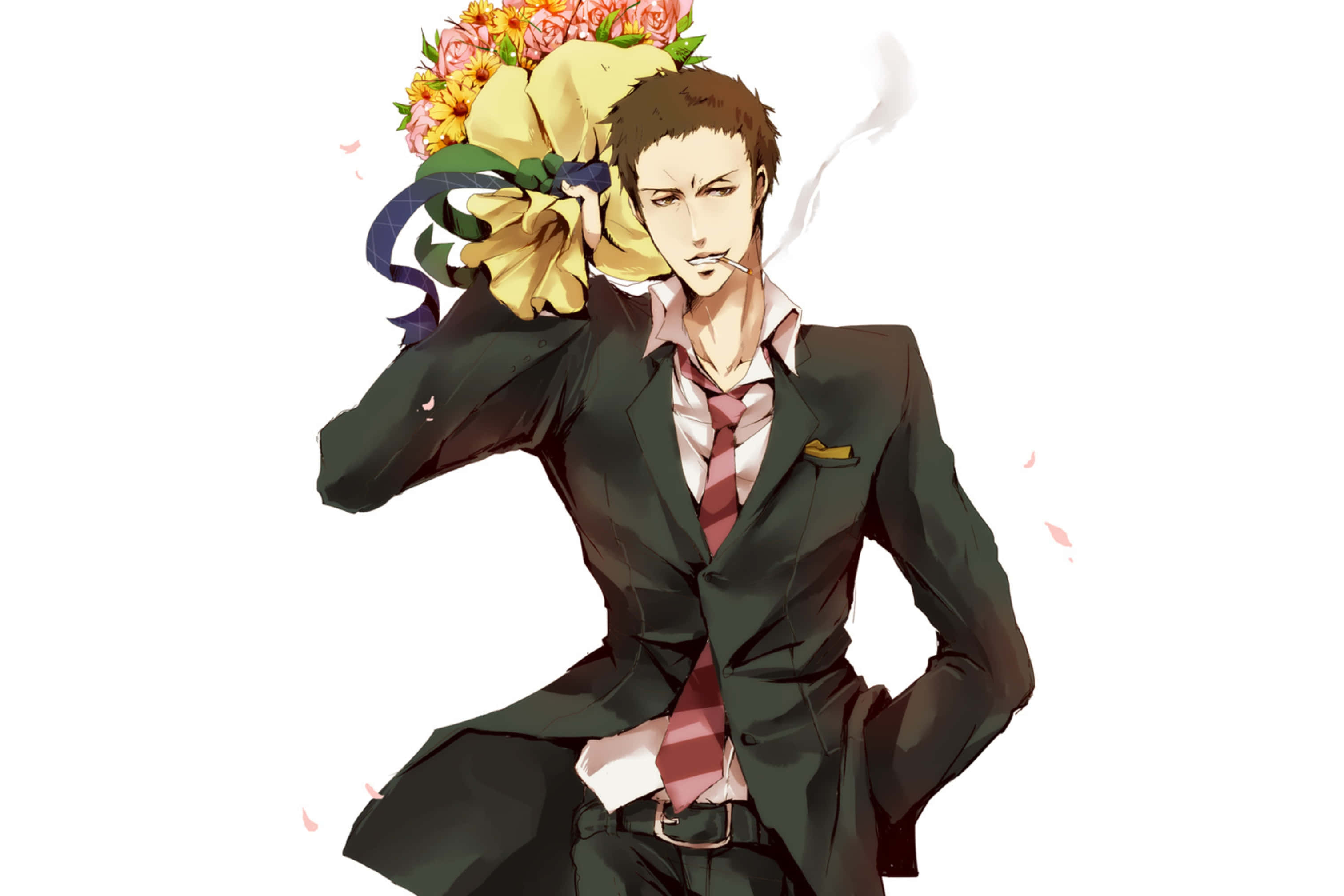 anime man, dark suit, colorful flowers, 2K Desktop Wallpaper