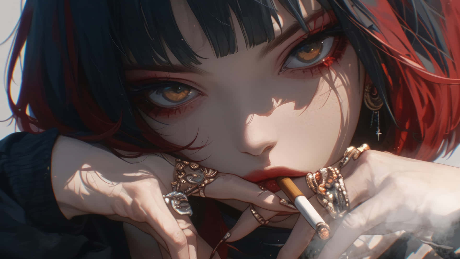 anime girl, dark red and black hair, cigarette, Full HD Desktop Wallpaper