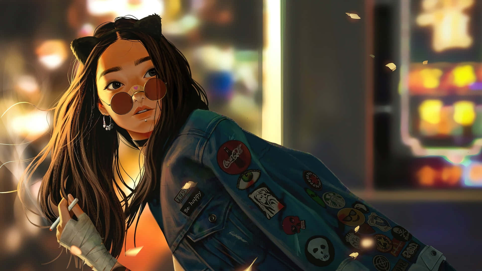 anime girl, cat ears, round sunglasses, Full HD Desktop Wallpaper