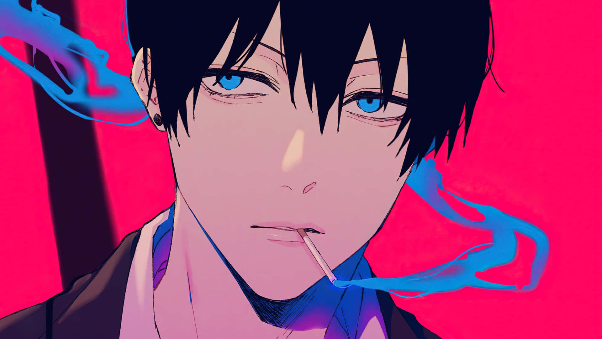 blue eyes, black hair, cigarette, Full HD Desktop Wallpaper