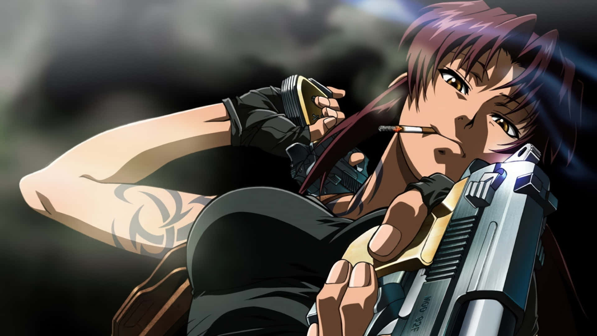 anime character, purple hair, pistol, Full HD Desktop Wallpaper