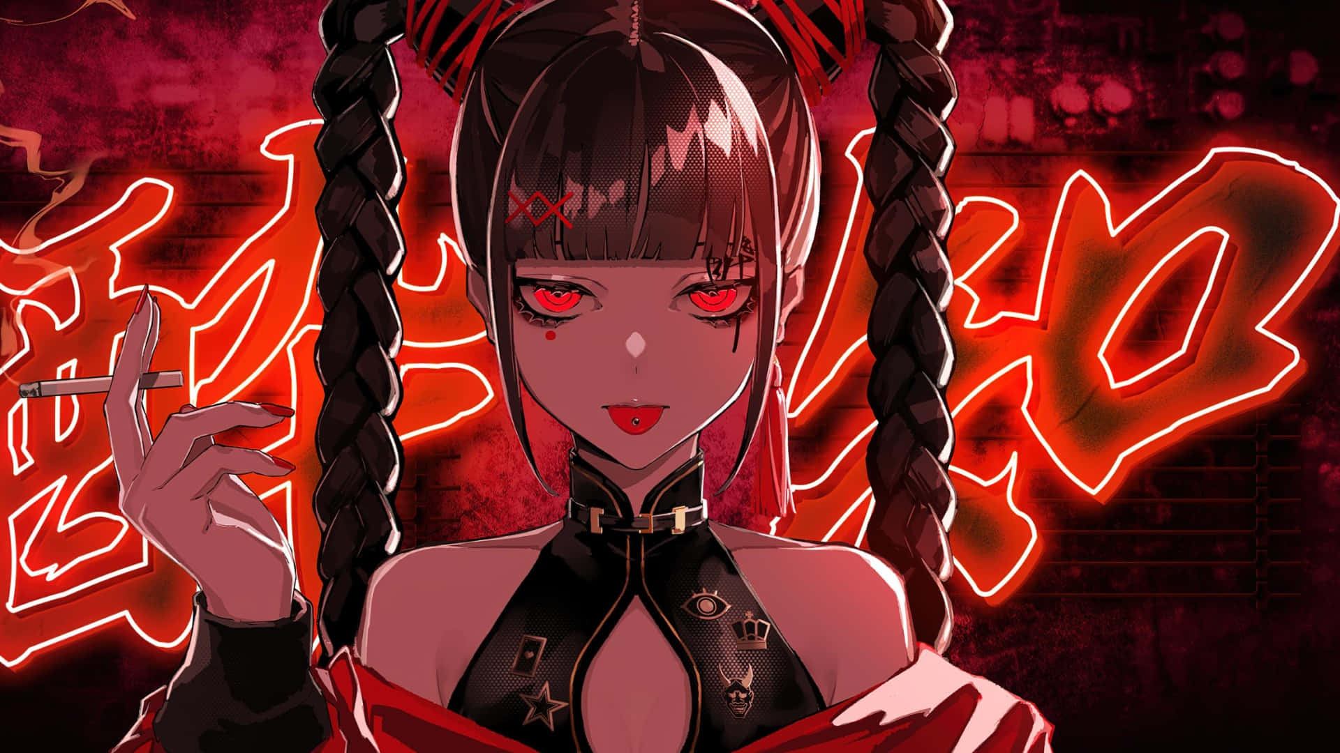 Anime Dark Smoking Girl, red eyes, braided hair, Full HD Desktop Wallpaper