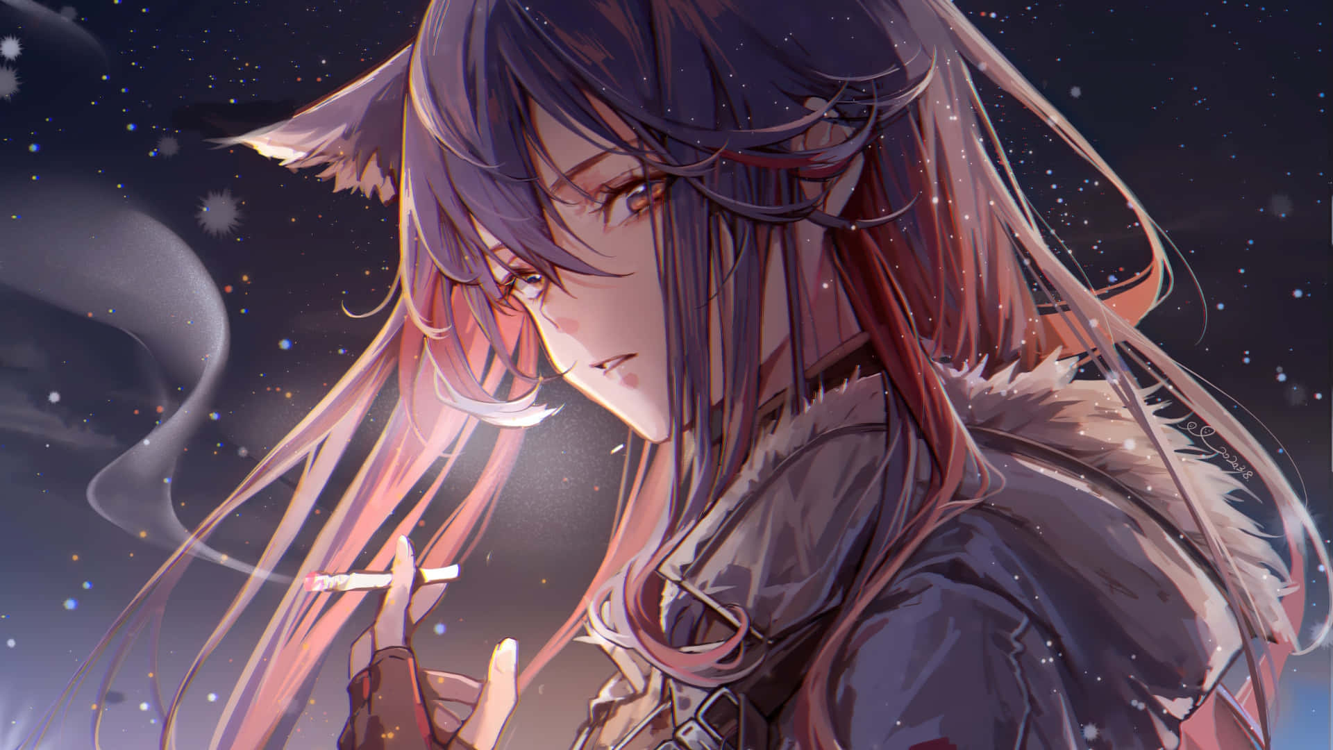 anime character, fox ears, long purple hair, Full HD Desktop Wallpaper