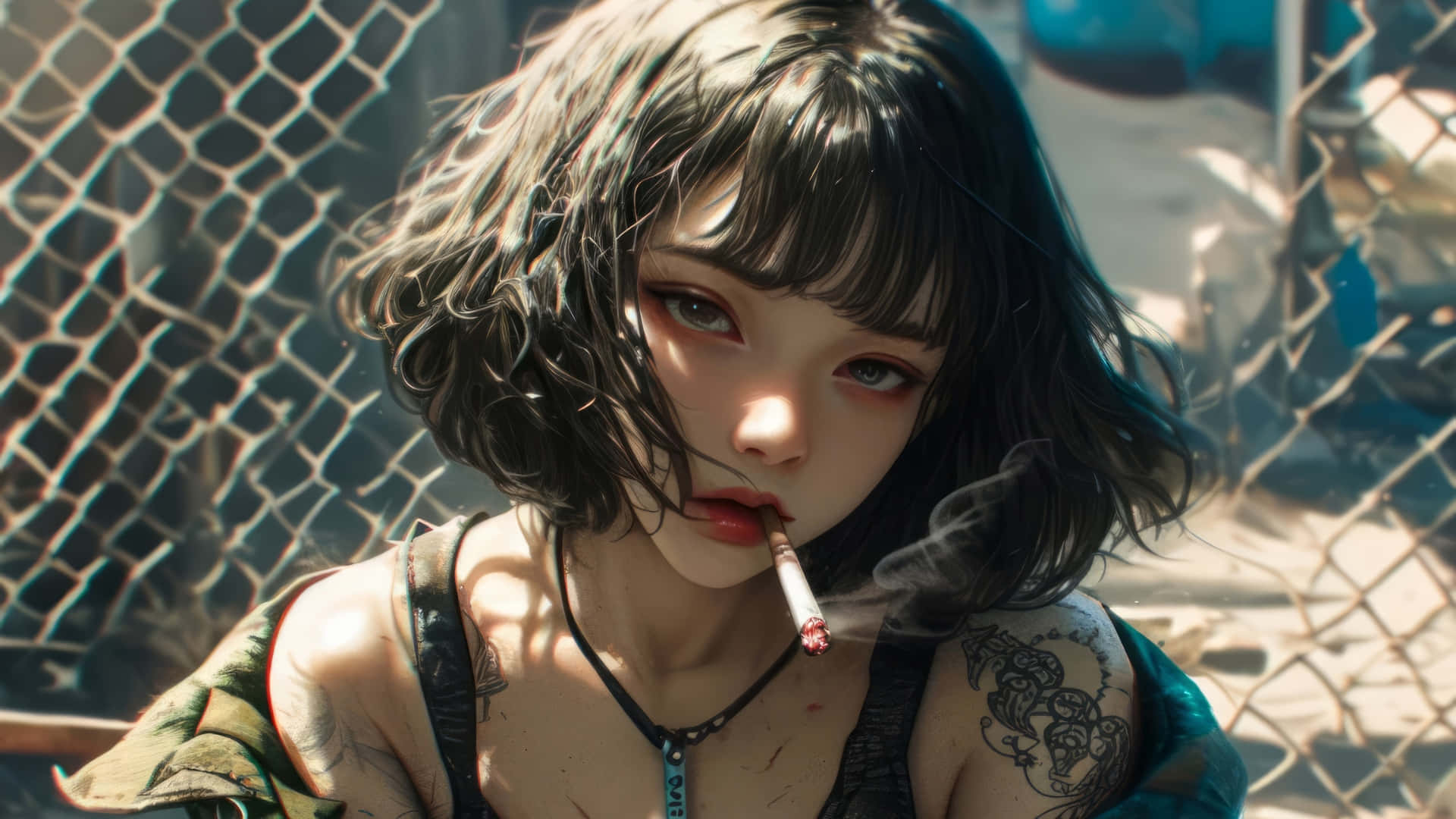 anime girl, smoking cigarette, dark hair, Full HD Desktop Wallpaper