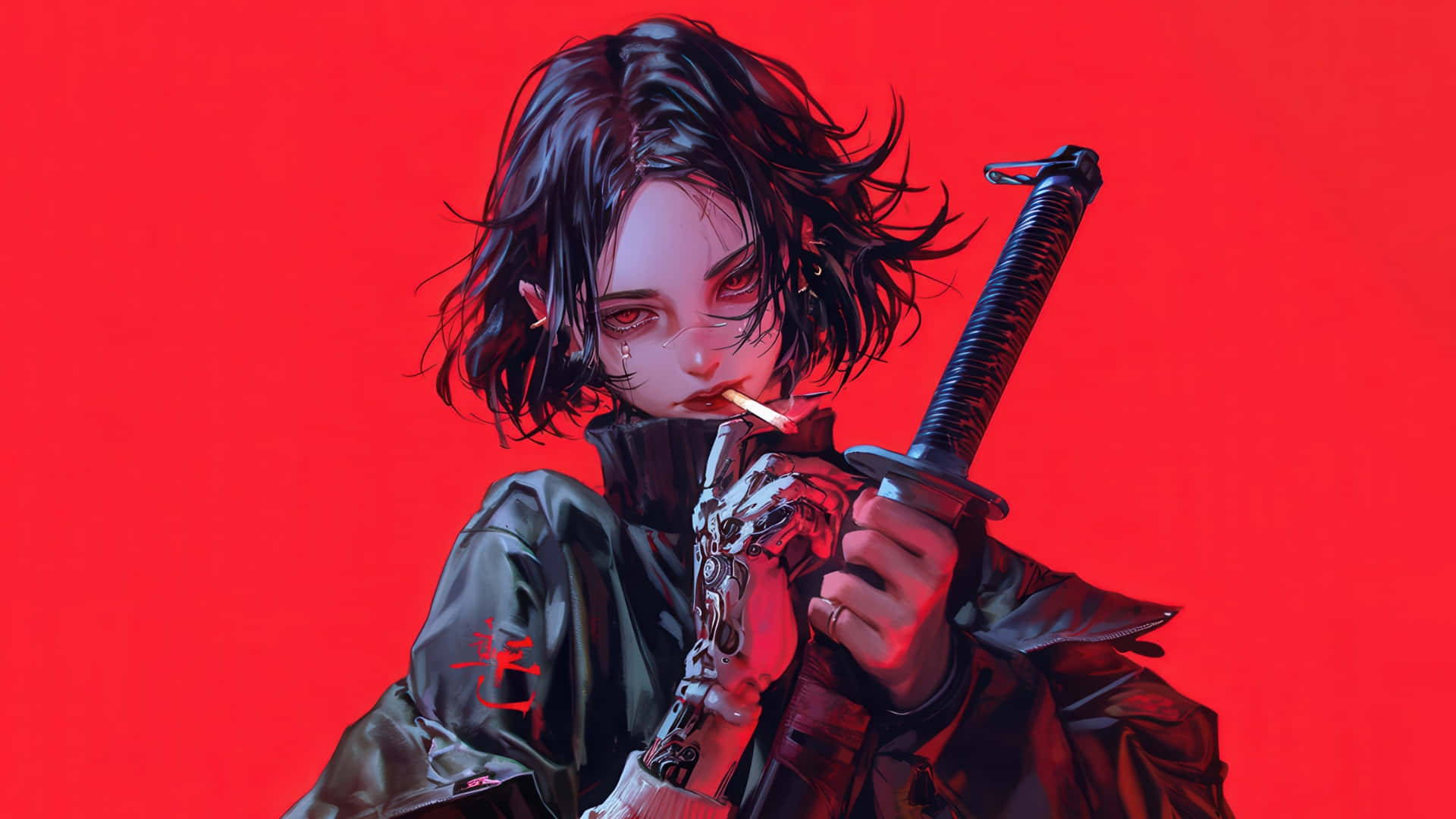 cyberpunk anime girl, dark hair, smokes a cigarette, Full HD Desktop Wallpaper