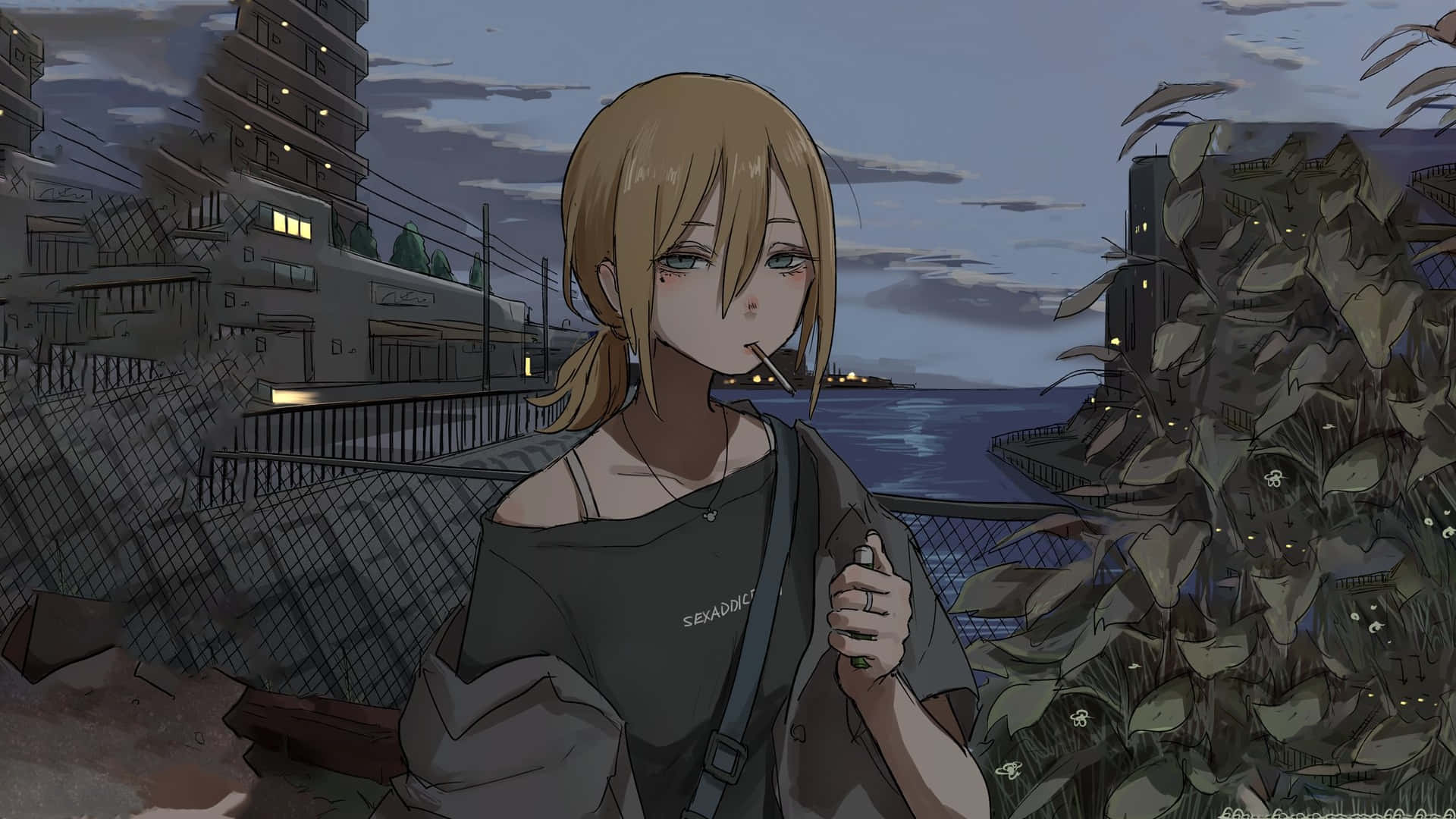 anime character, blonde hair, chainlink fence, Full HD Desktop Wallpaper
