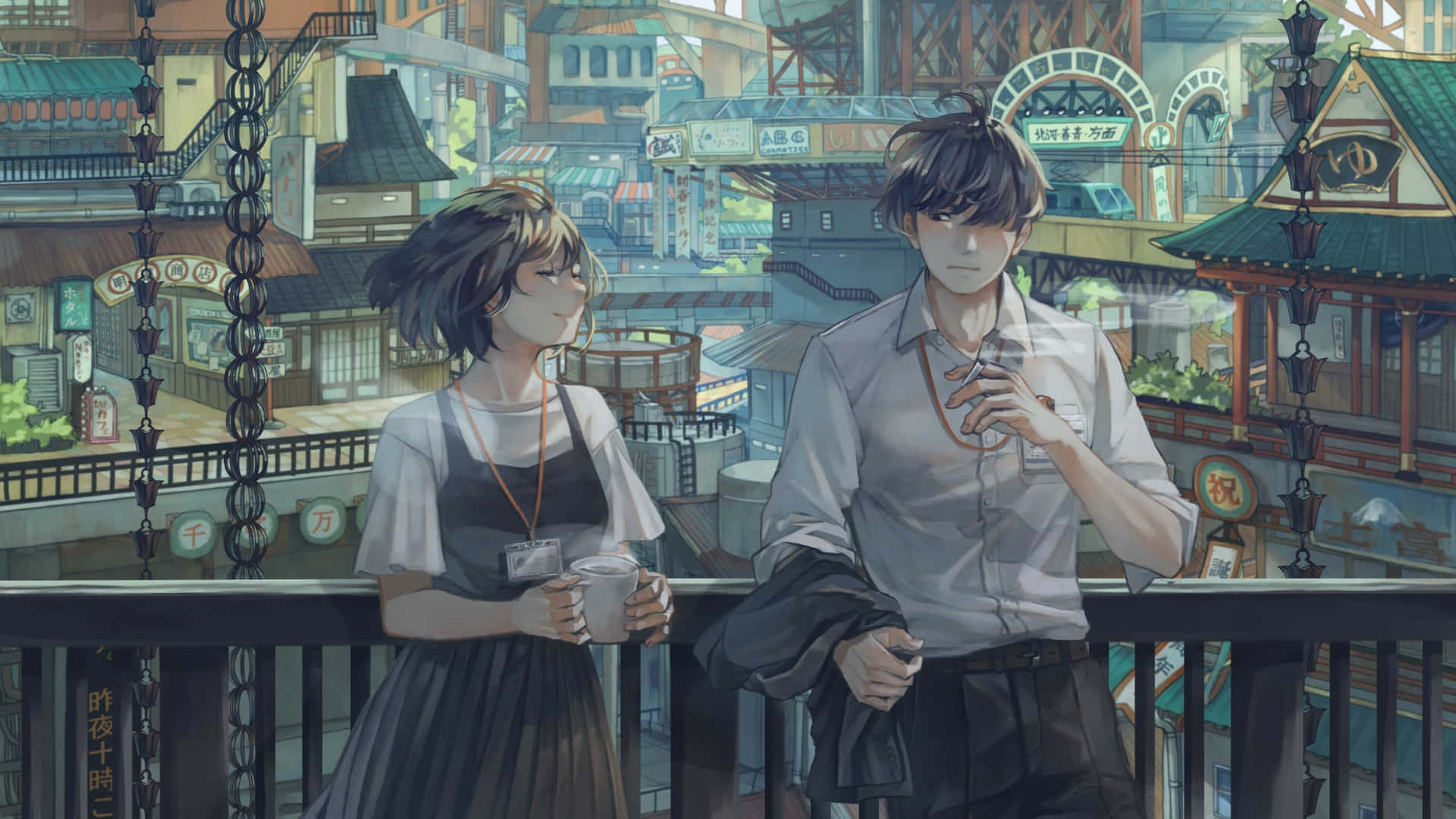 anime characters, balcony, traditional Japanese cityscape, Full HD Desktop Wallpaper