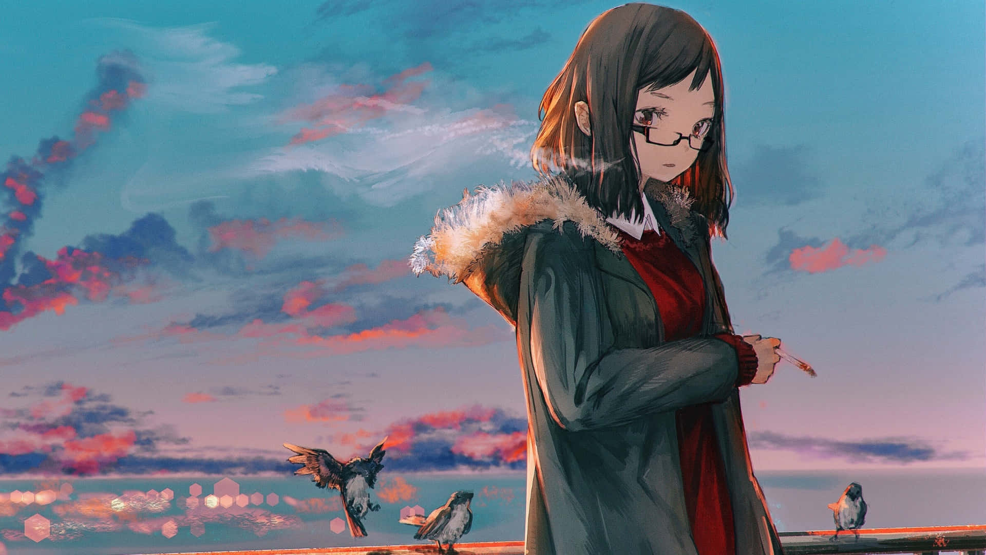 anime girl, glasses, fur-lined coat, Full HD Desktop Wallpaper