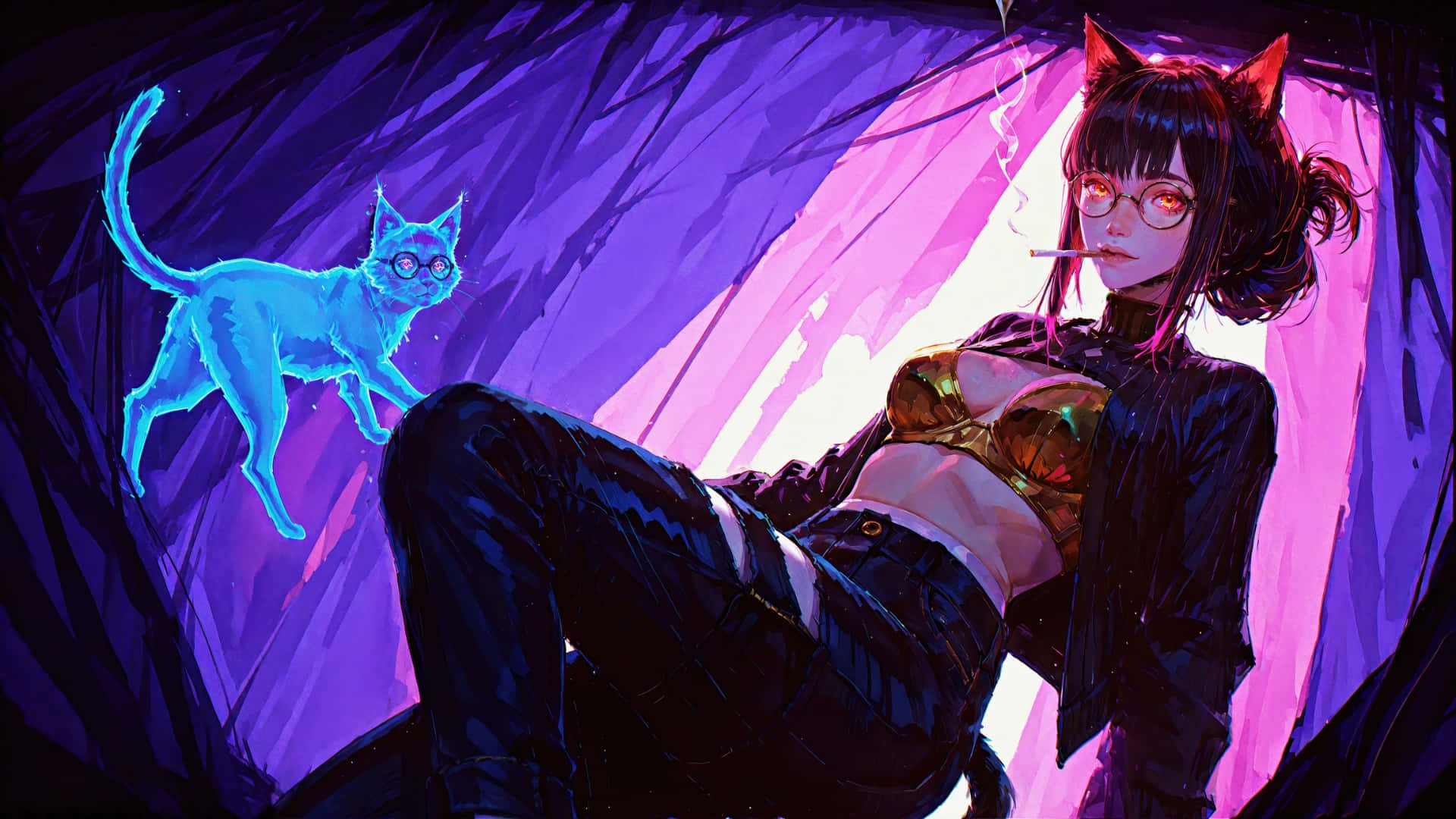 cyberpunk anime girl, cat ears, glowing blue cat, Full HD Desktop Wallpaper
