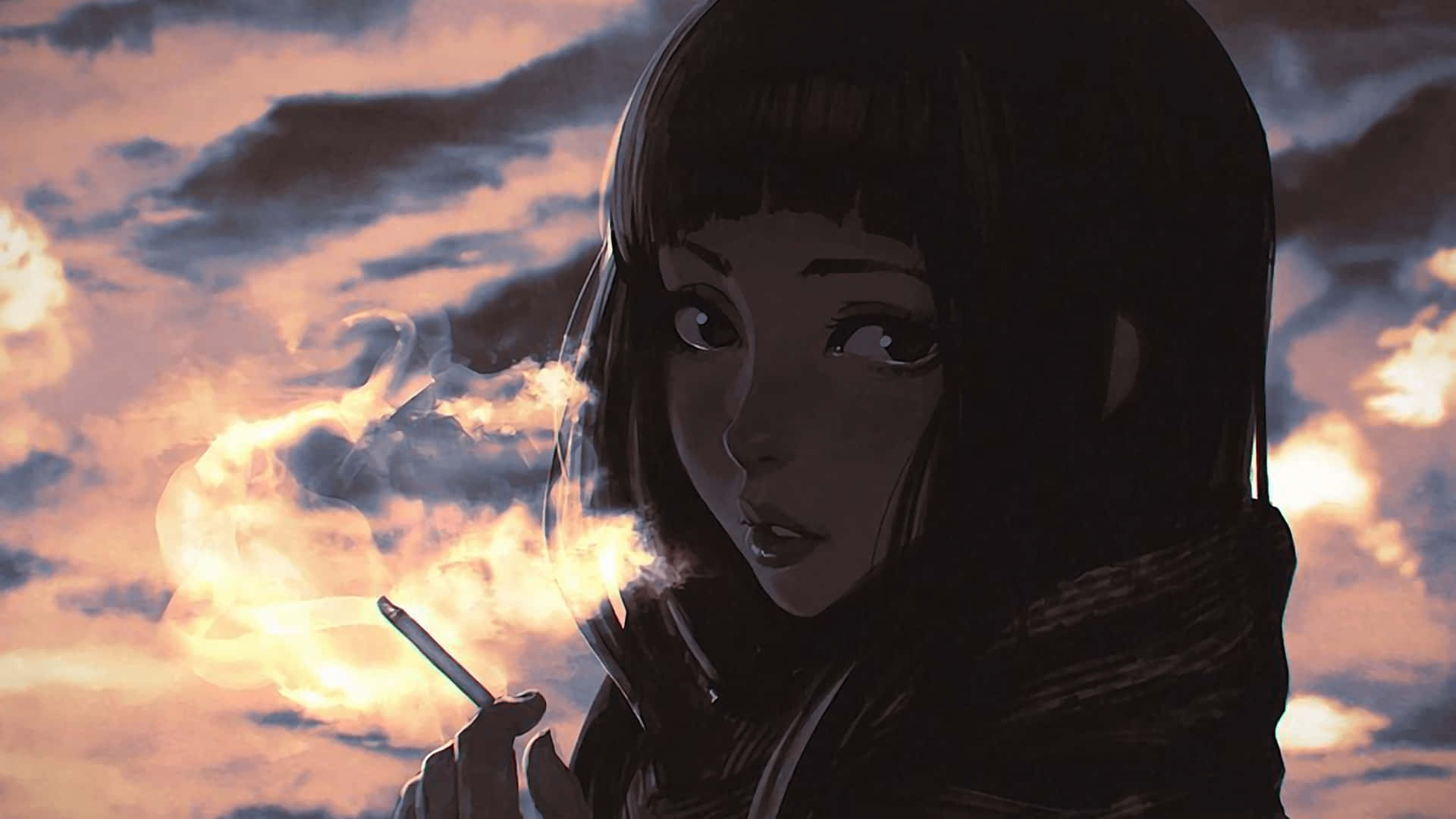 anime girl, smoking, dusk, Full HD Desktop Wallpaper