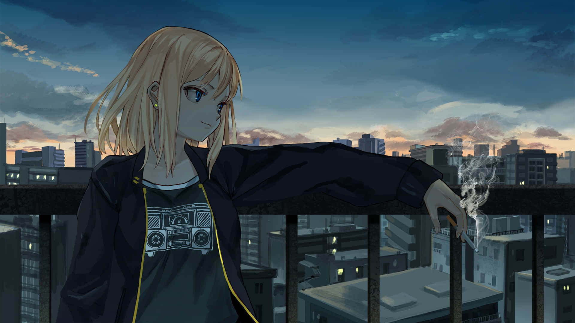 blonde anime girl, black jacket, rooftop railing, Full HD Desktop Wallpaper