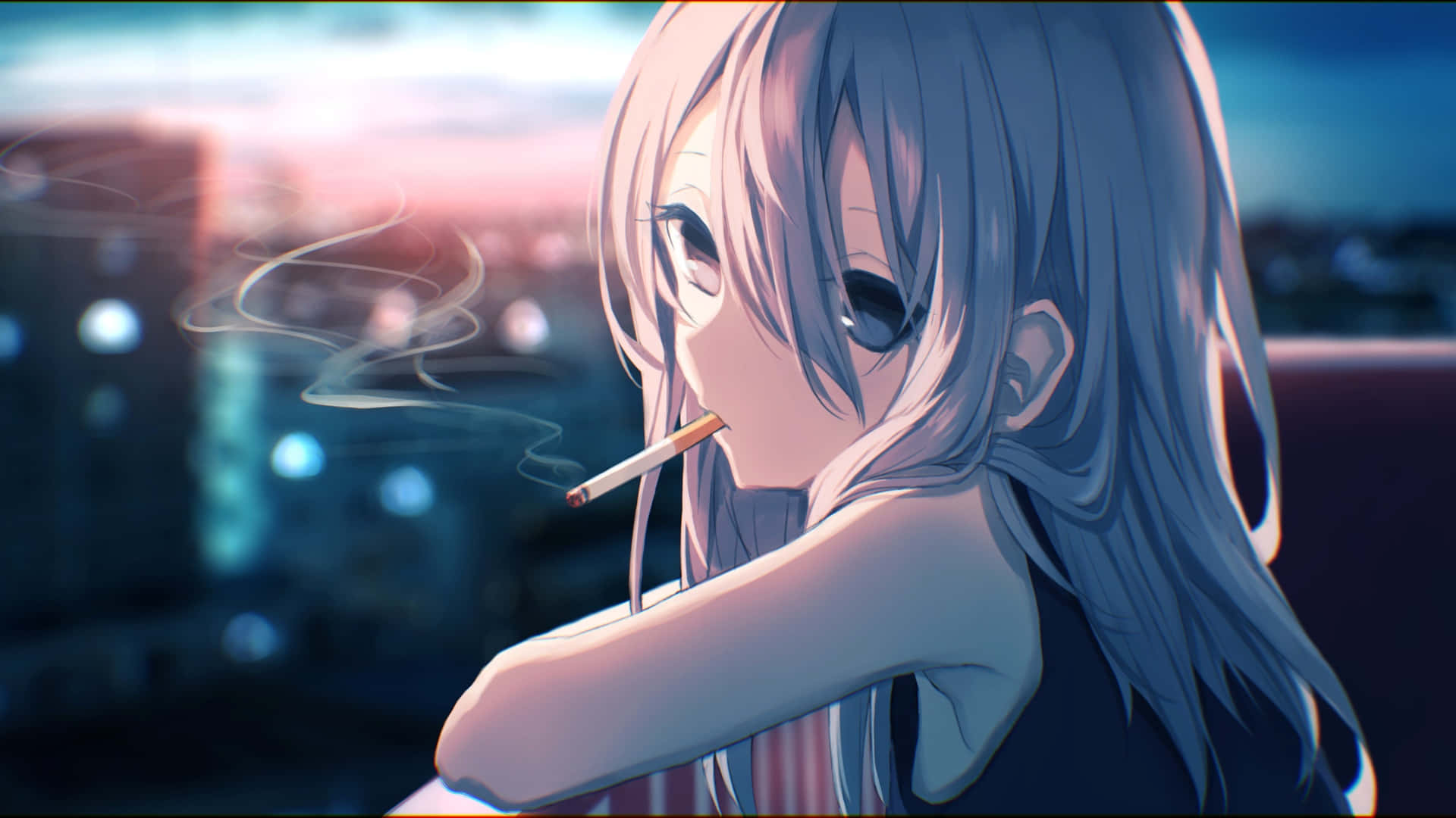 anime girl, silver-haired, cigarette, Full HD Desktop Wallpaper