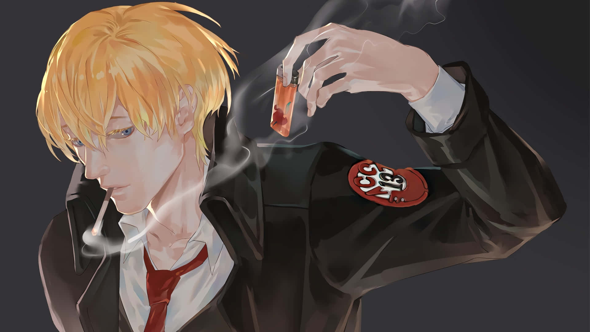 blonde anime man, black coat, red emblem, Full HD Desktop Wallpaper