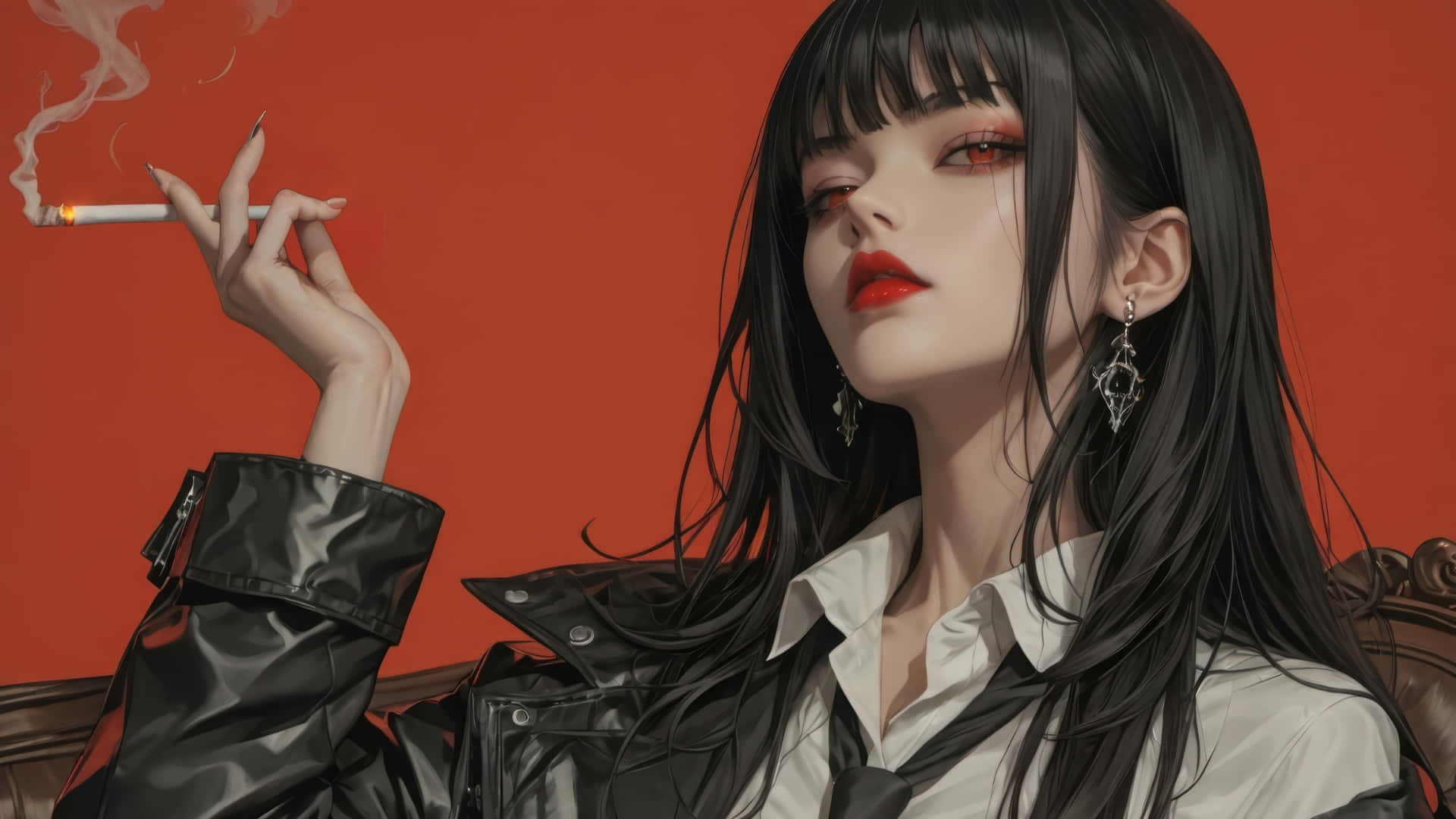anime girl, long black hair, red eyes, Full HD Desktop Wallpaper