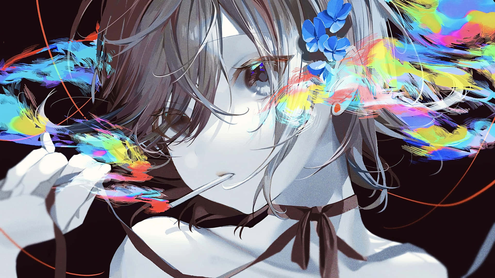 anime girl, gray hair, blue flowers, Full HD Desktop Wallpaper